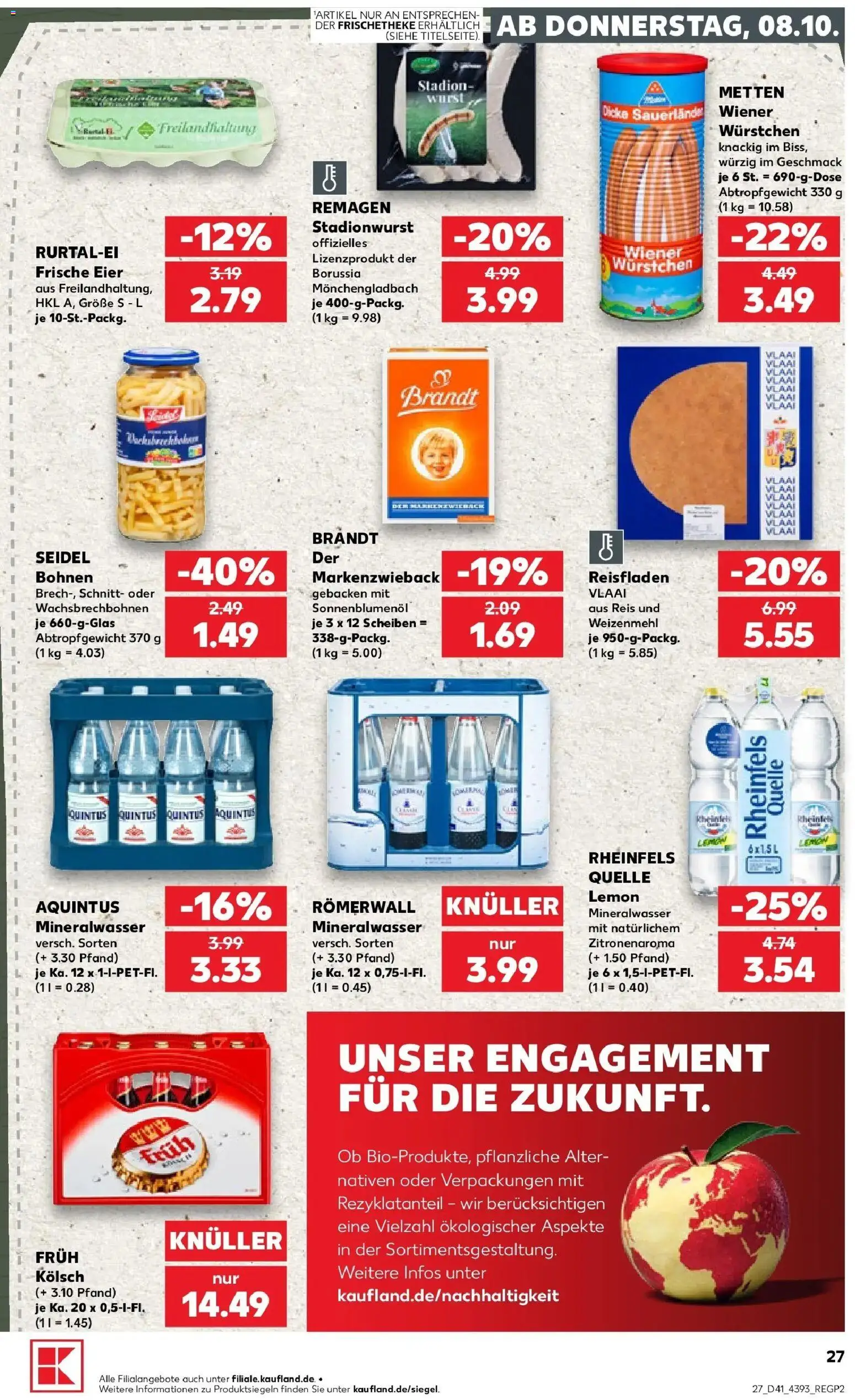 Vorschau von dem Prospekt des Geschäftes Kaufland, gültig ab dem 08.10.2026 - Wurst, Mineralwasser, Eier, Reis, Weizenmehl, Rheinfels quelle, Sonnenblumenol