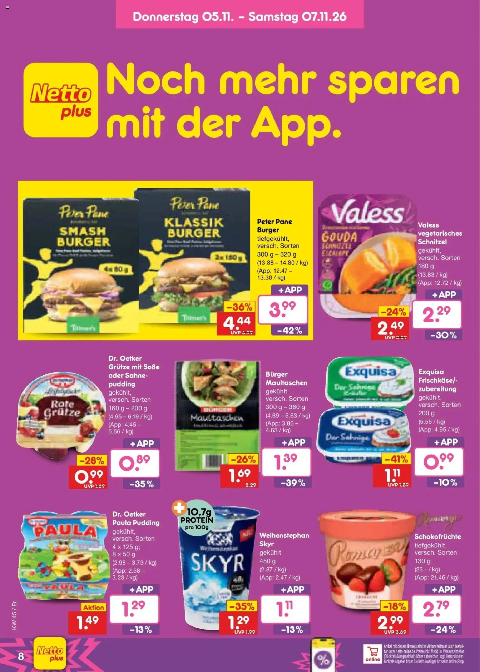 Vorschau von dem Prospekt des Geschäftes Netto Marken-Discount, gültig ab dem 02.11.2026 - Burger, Skyr, Maultaschen, Sahne, Pudding, Gouda, Soße, Pane