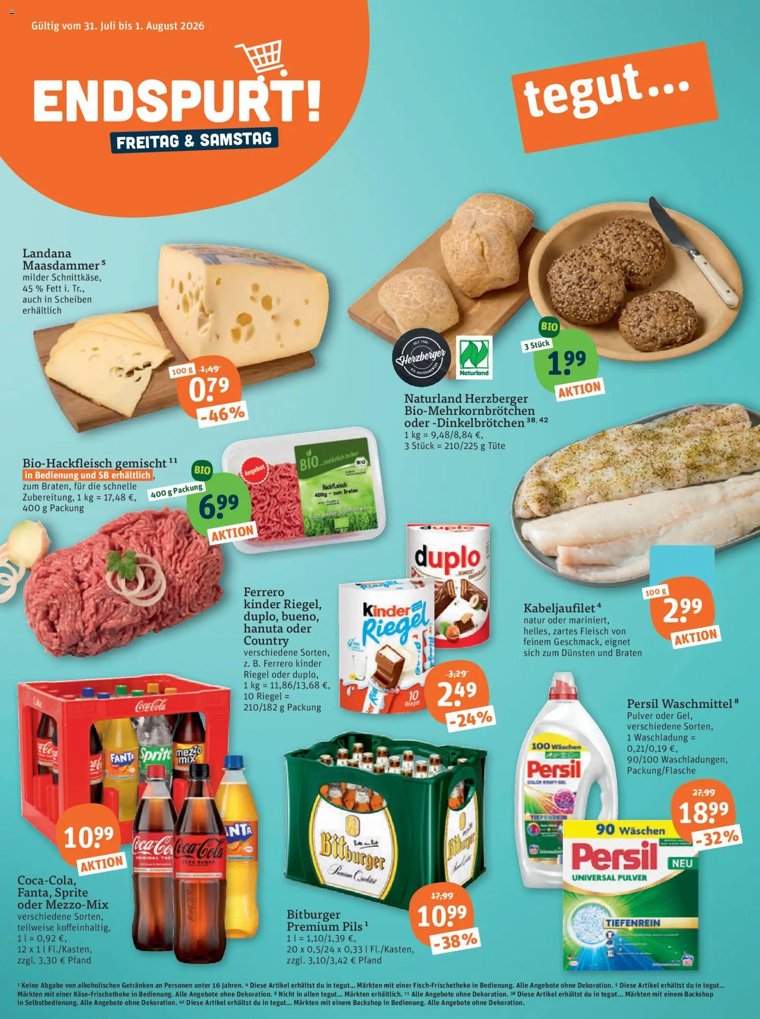 Vorschau von dem Prospekt des Geschäftes Tegut, gültig ab dem 27.07.2026 - Cola, Fleisch, Fanta, Waschmittel, Bitburger, Sprite, Persil, Kinder riegel