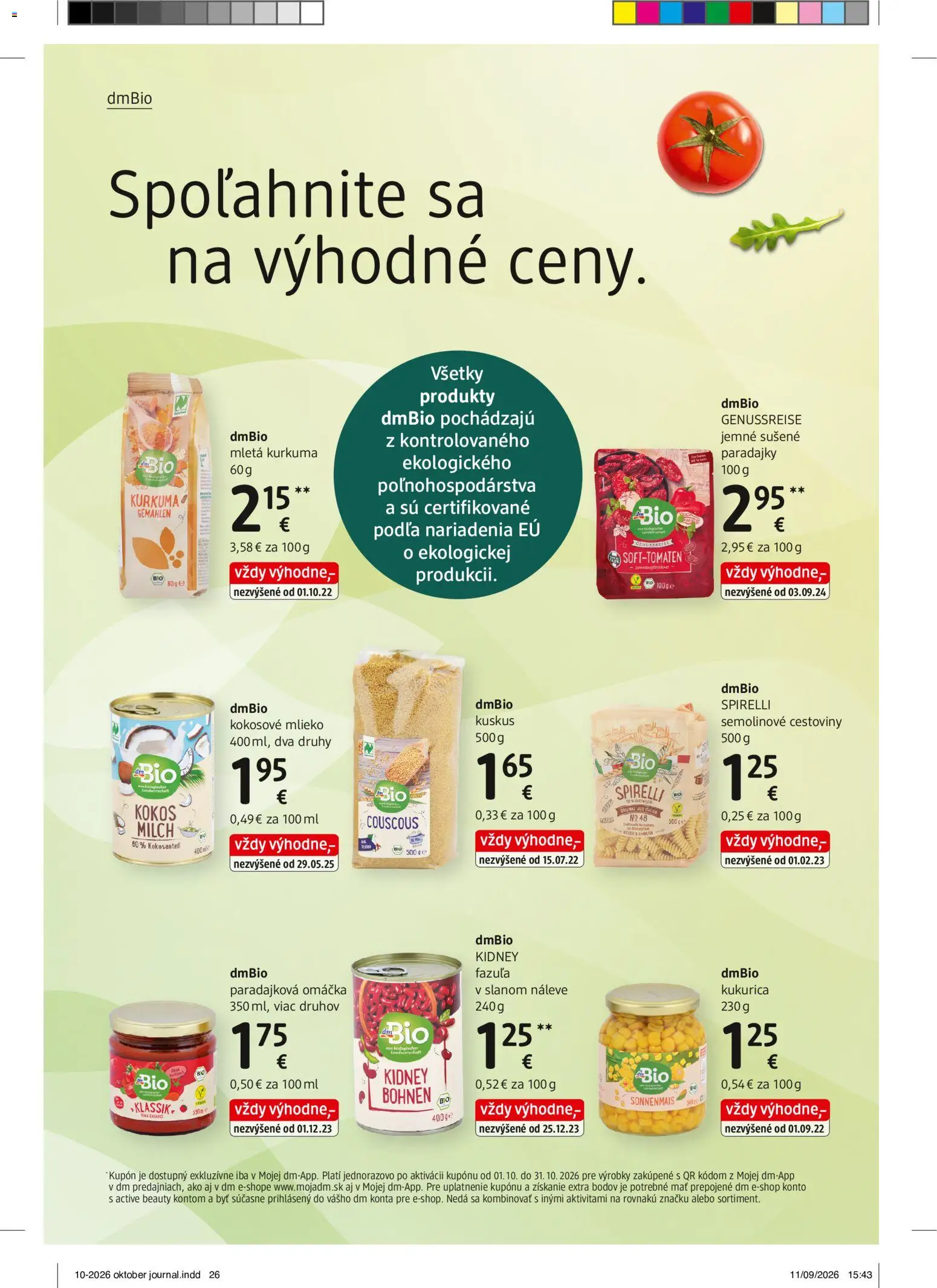 Náhľad dm drogerie letáku platného od 01.10.2026 - Kurkuma, Paradajky, Kukurica, Kokos, Fazuľa, Omáčka, Kokosové mlieko, Semolínové cestoviny