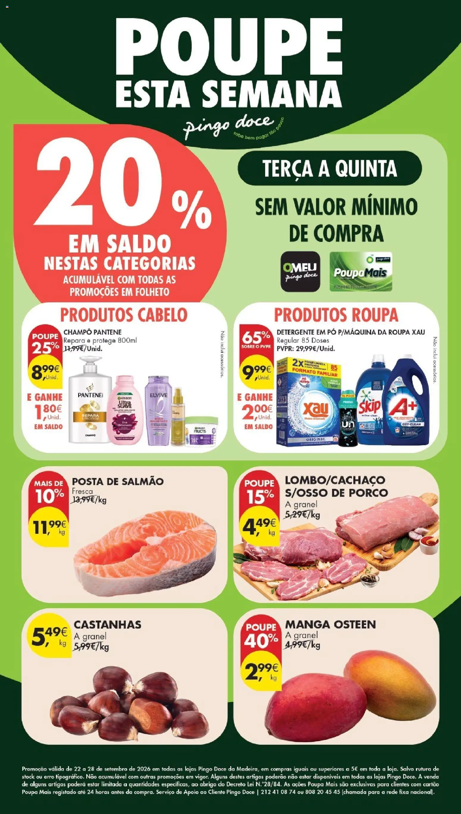 Pré-visualização do folheto da loja Pingo Doce válida a partir de 22/09/2026 - Manga, Castanhas, Detergente, Salmão, Pó, Champô, Detergente em pó