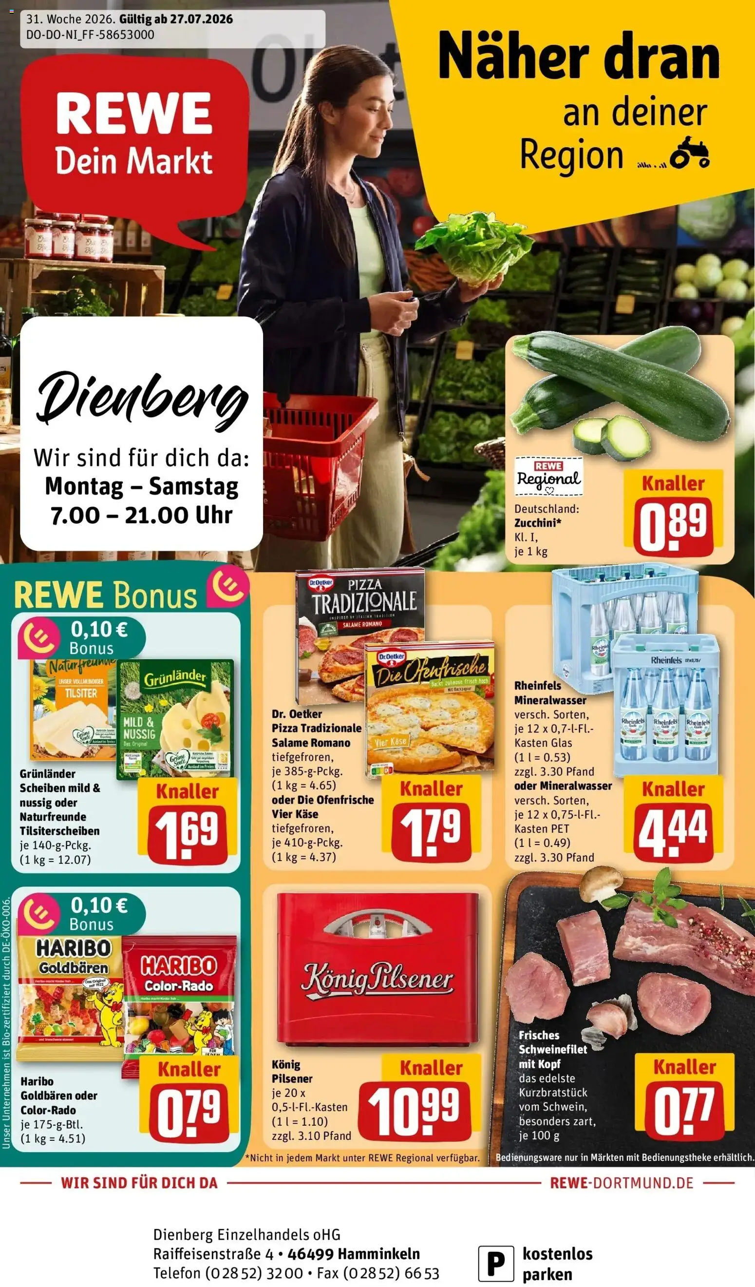 Vorschau von dem Prospekt des Geschäftes Rewe, gültig ab dem 27.07.2026 - Pizza, Uhr, Käse, Haribo, Mineralwasser, Schweinefilet, Ofenfrische, Grunlander