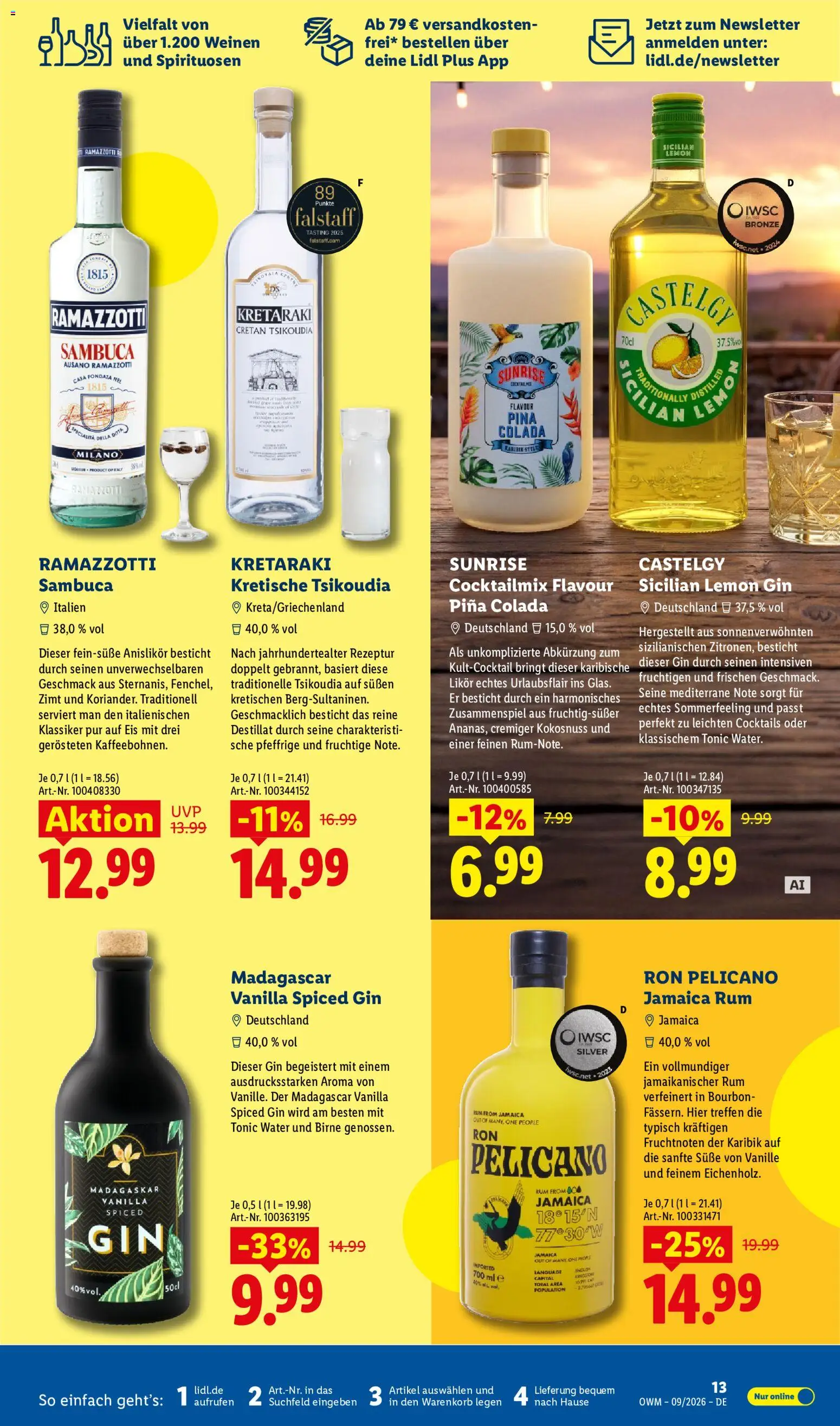 Vorschau von dem Prospekt des Geschäftes Lidl, gültig ab dem 01.09.2026 - Eis, Gin, Ramazzotti, Sambuca, Birne, Vanille, Bourbon, Likör