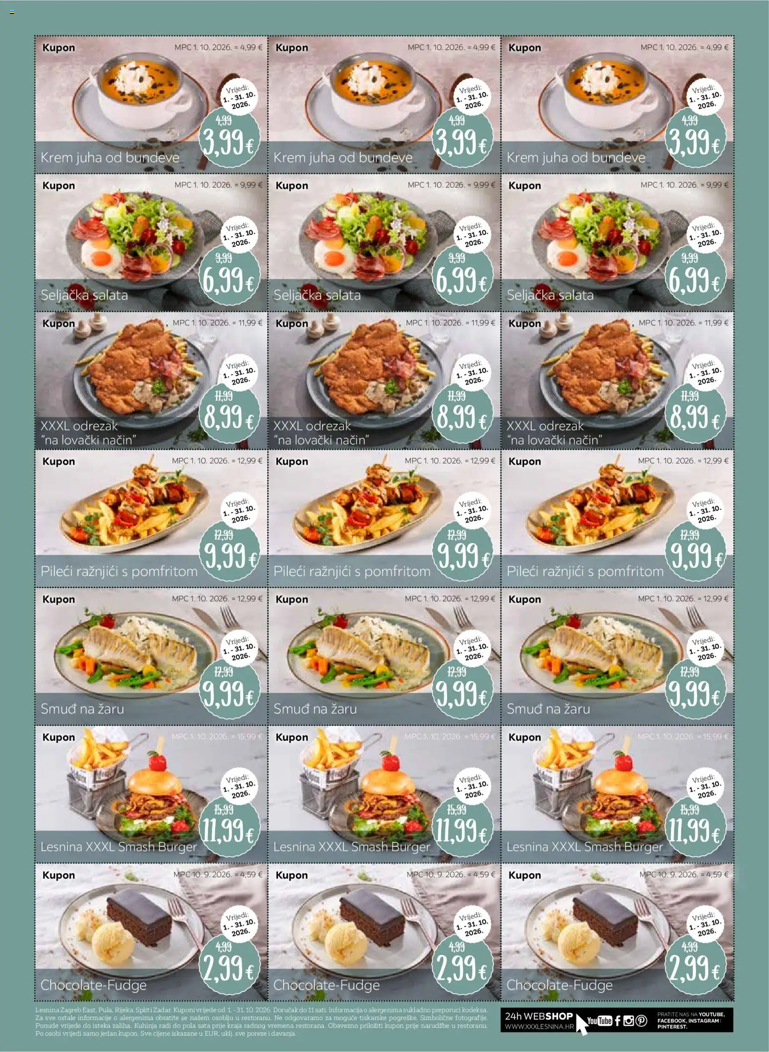 Pregled letka Lesnina Kuponi za restoran Lesnina Zagreb East, Pula, Rijeka, Split i Zadar trgovine Lesnina vrijedi od 01.10.2026 - Salata, Kuhinja, Juha, Raznjici, Odrezak