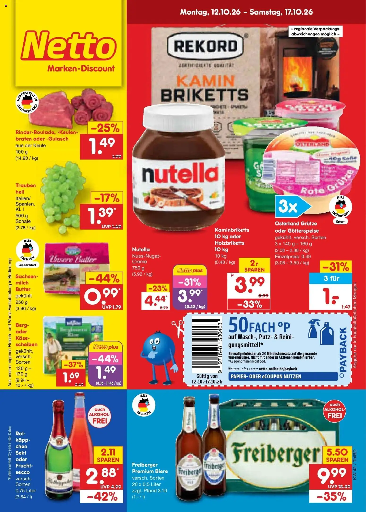 Vorschau von dem Prospekt des Geschäftes Netto Marken-Discount, gültig ab dem 12.10.2026 - Butter, Käse, Gulasch, Alkohol, Milch, Fleisch, Sekt, Creme