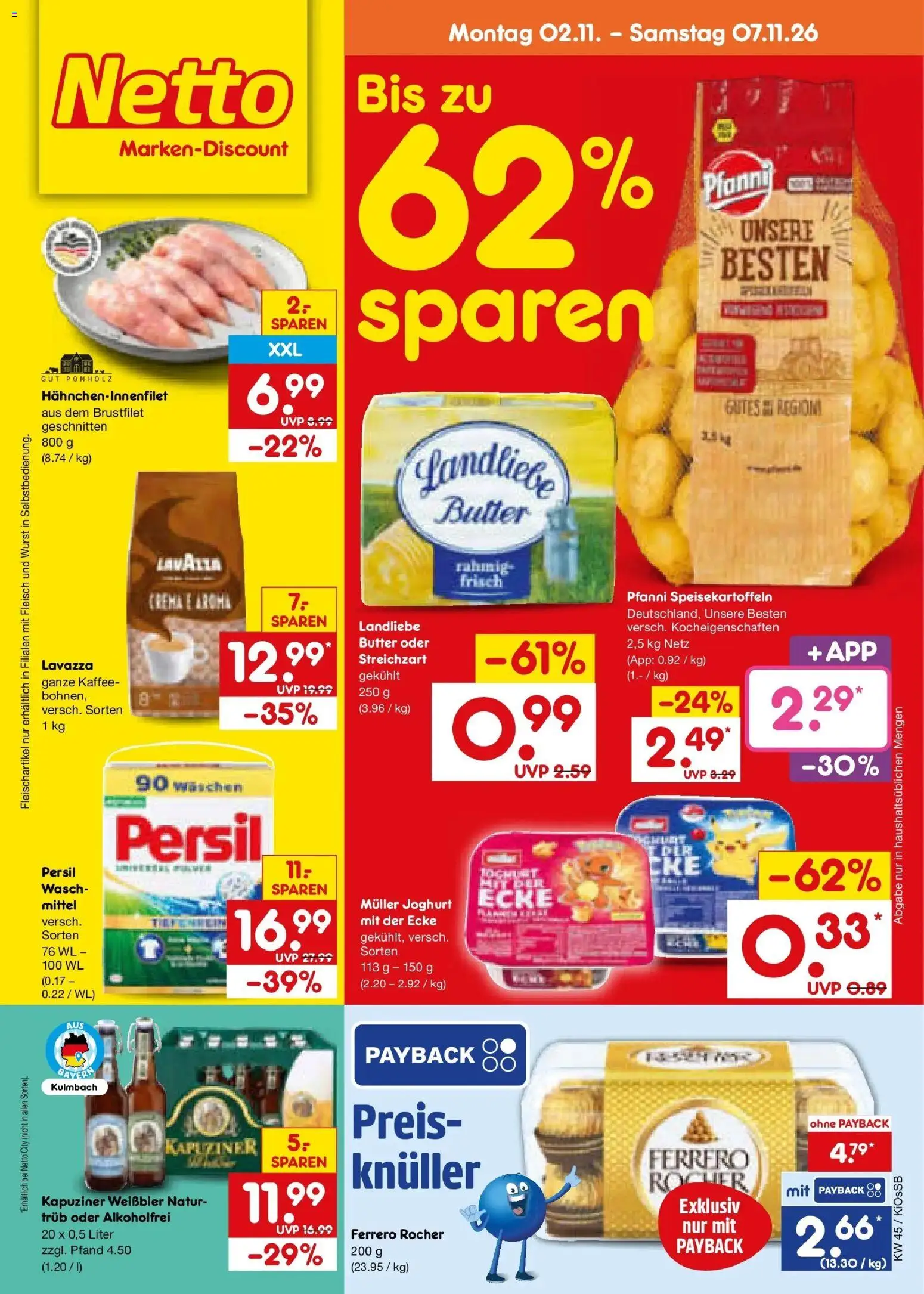 Vorschau von dem Prospekt des Geschäftes Netto Marken-Discount, gültig ab dem 02.11.2026 - Kaffee, Butter, Wurst, Joghurt, Fleisch, Ferrero rocher, Persil, Weißbier