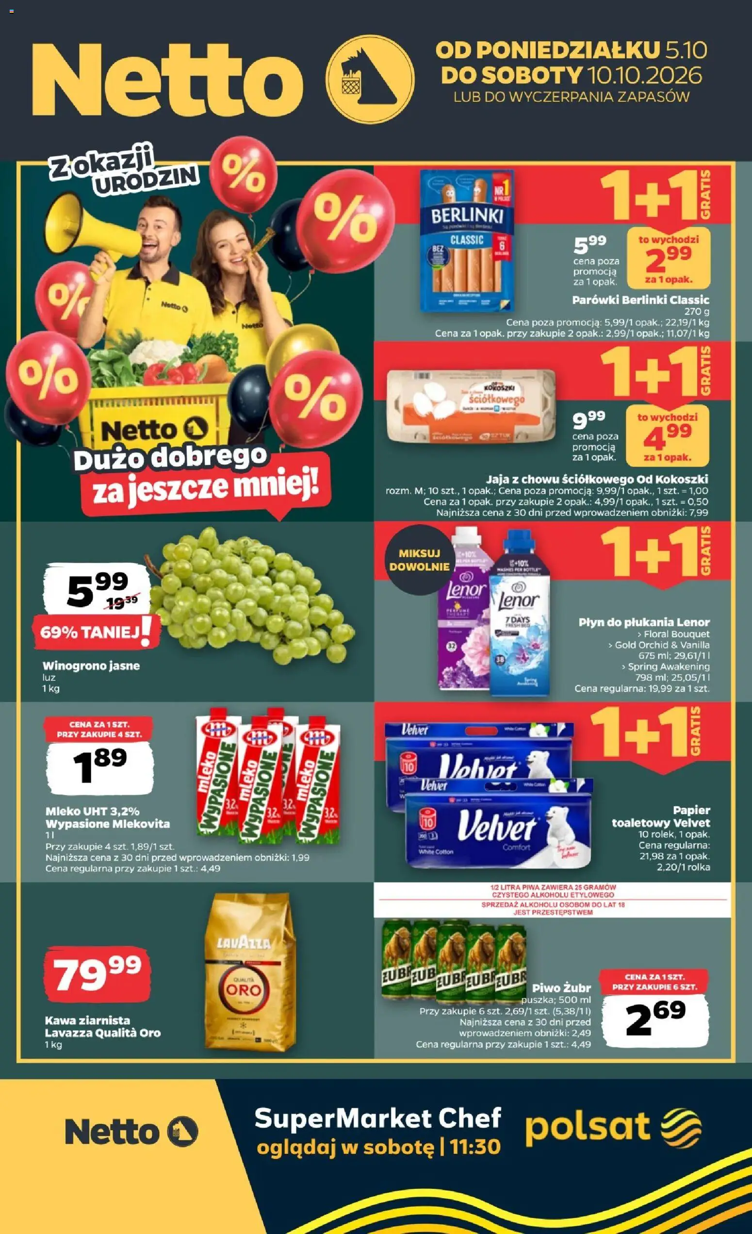 Pogląd gazetki "Netto gazetka od poniedziałku" ze sklepu Netto ważnej od 05.10.2026 - Piwo, Mleko, Kawa ziarnista, Płyn do płukania, Papier toaletowy, Mleko UHT, Berlinki, Parówki berlinki