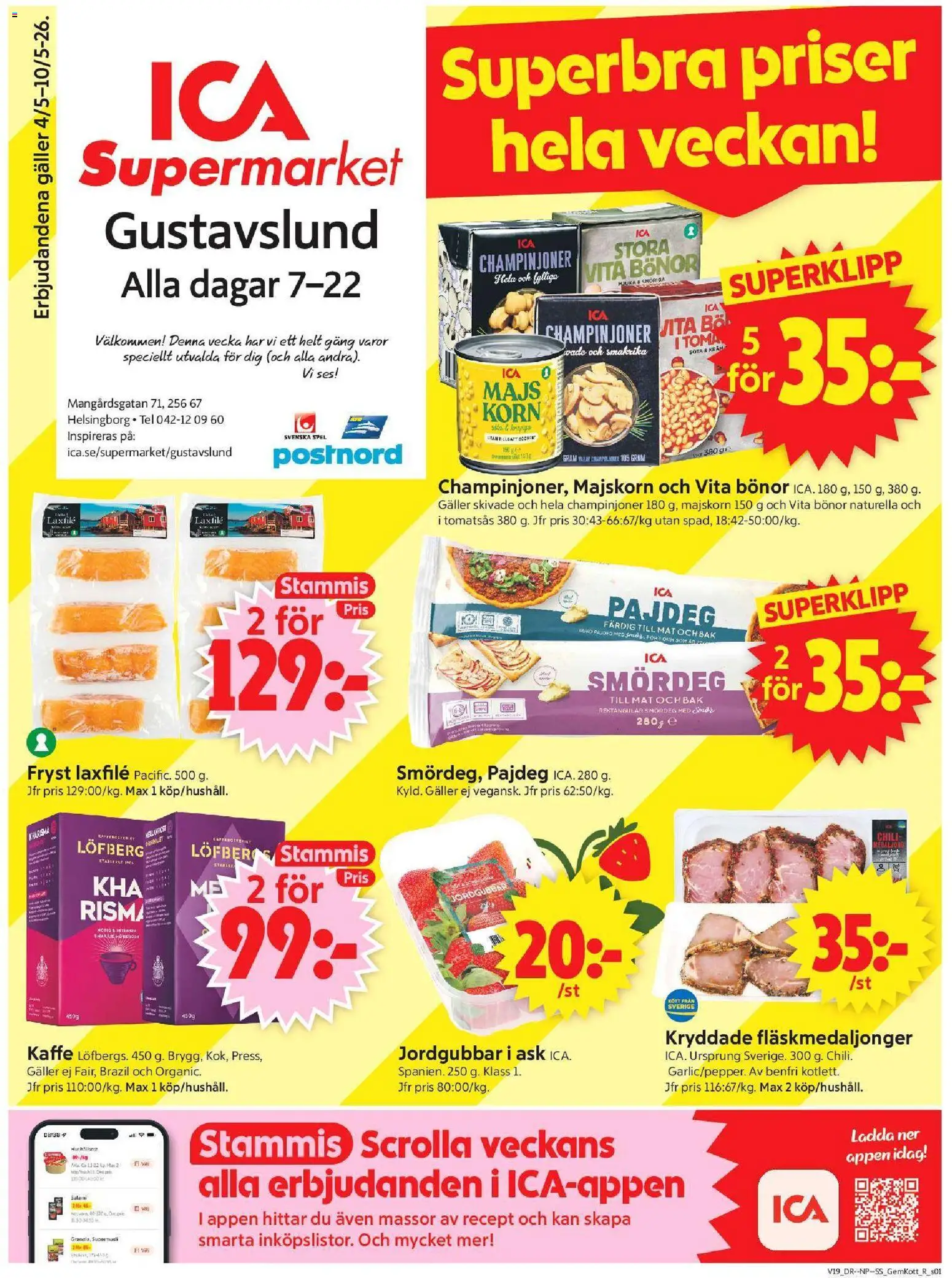 Förhandsgranska reklamblad Helsingborg från butik ICA Supermarket gäller från 04/05/2026 - Spel, Kaffe, Tomatsås, Smördeg, Salami, Champinjoner, Bönor, Laxfilé