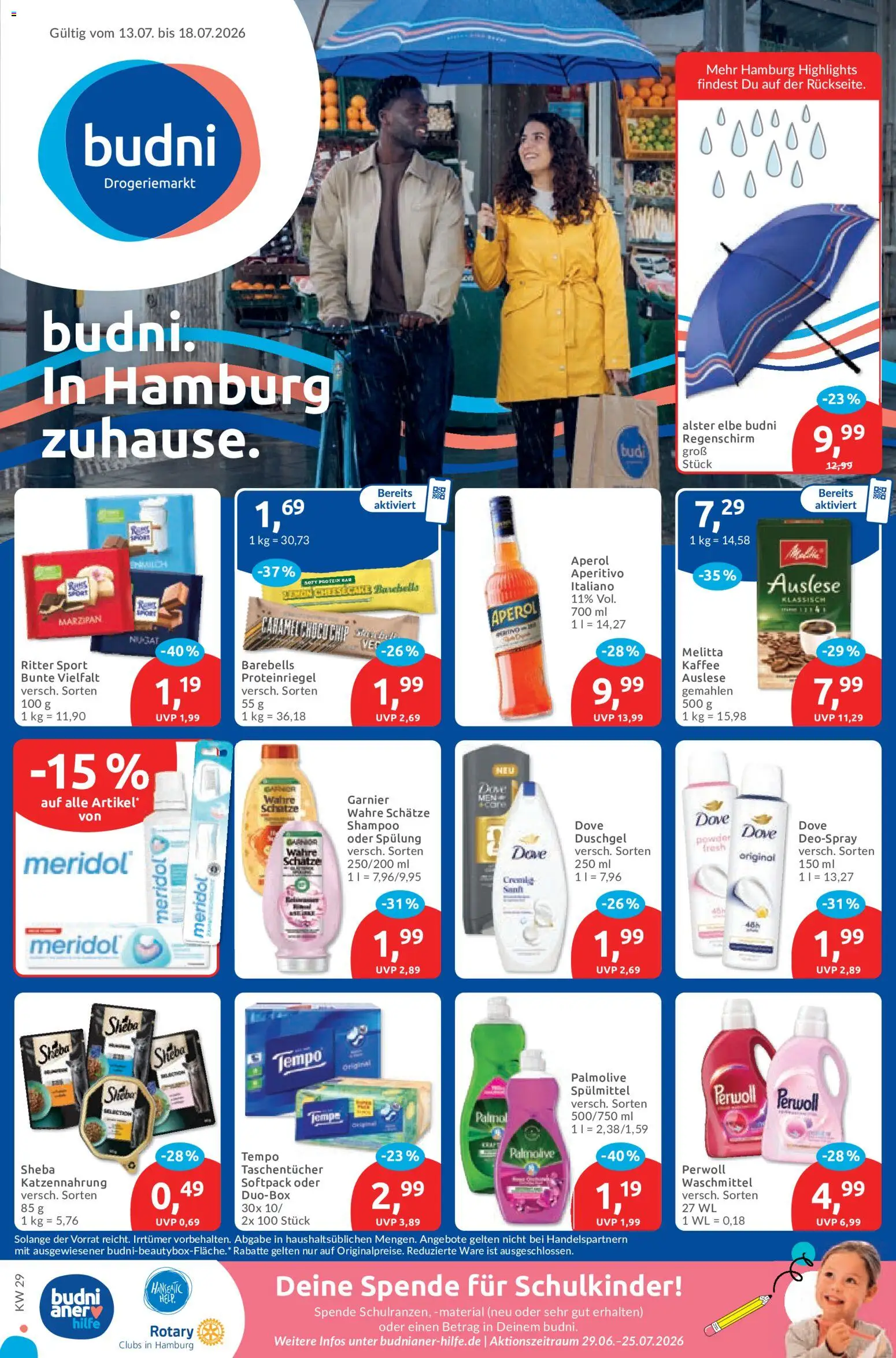 Vorschau von dem Prospekt des Geschäftes Budni, gültig ab dem 13.07.2026 - Kaffee, Aperol, Shampoo, Tempo, Melitta, Duschgel, Perwoll, Taschentücher
