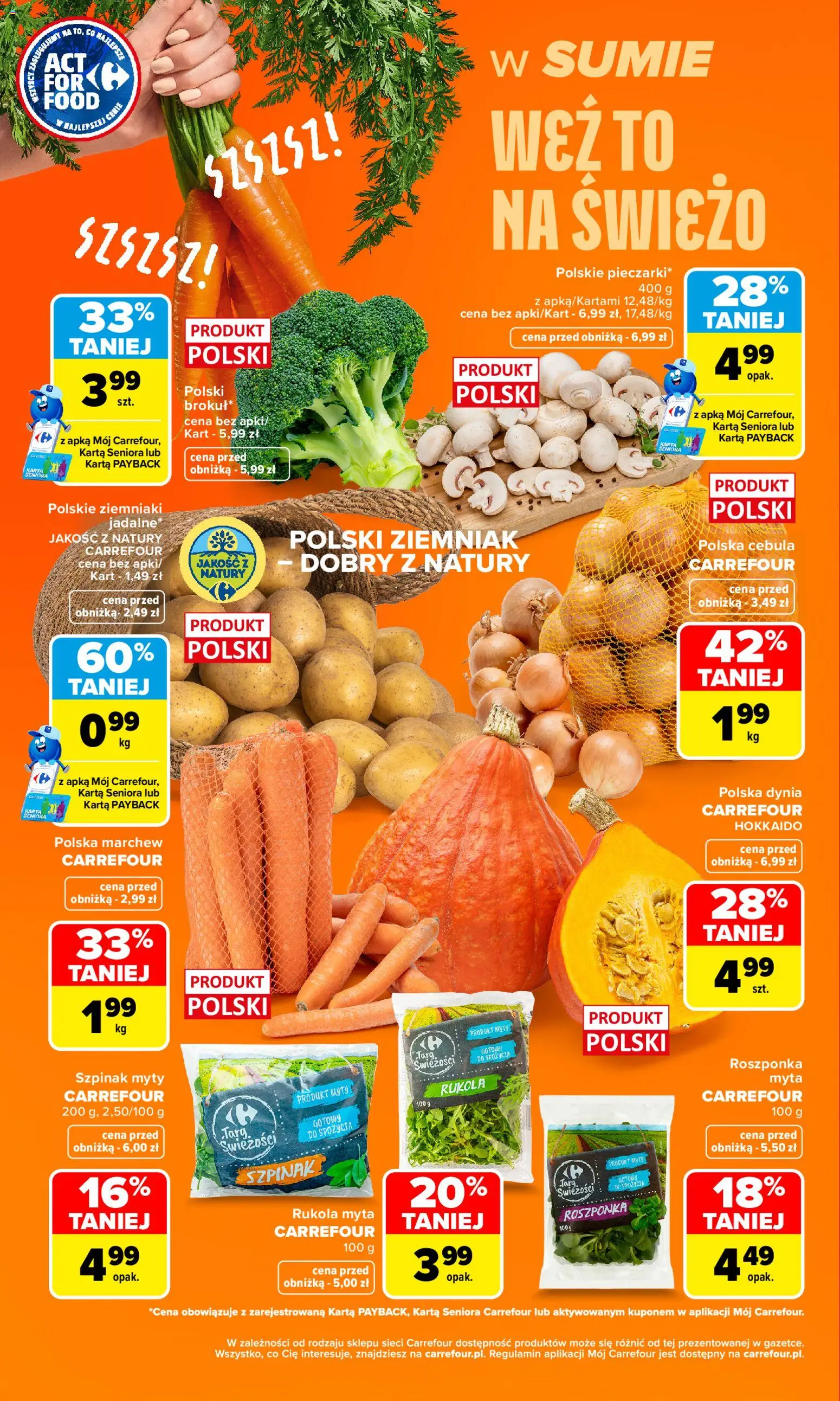 Pogląd gazetki "Carrefour gazetka - Weź to na świeżo" ze sklepu Carrefour ważnej od 05.10.2026 - Ziemniaki, Dynia, Rukola, Marchew, Szpinak, Roszponka, Cebula, Karta