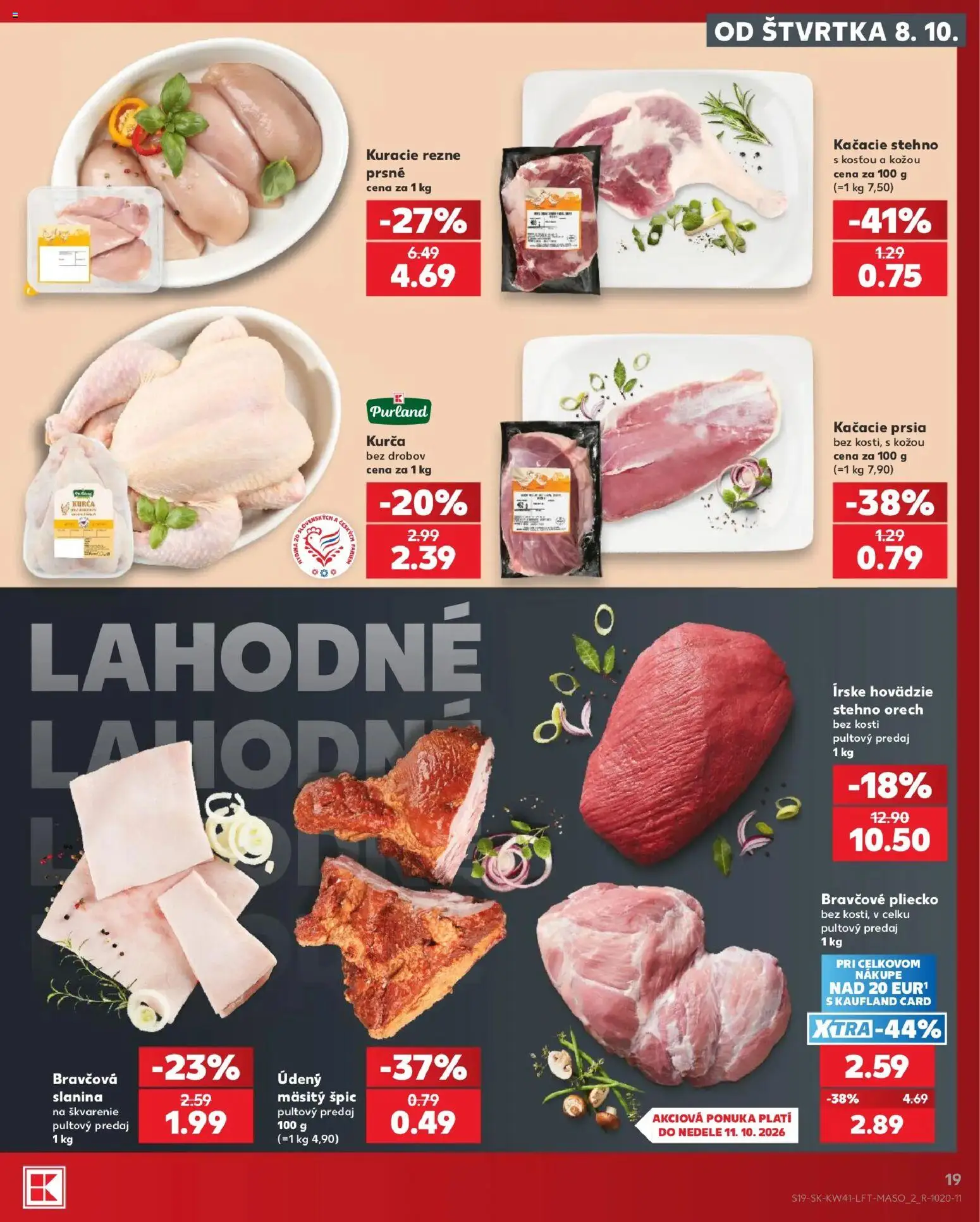 Náhľad Kaufland letáku platného od 08.10.2026 - Kačacie prsia, Kuracie rezne, Slanina, Rezne, Bravčové pliecko, Hovädzie stehno, Kurča