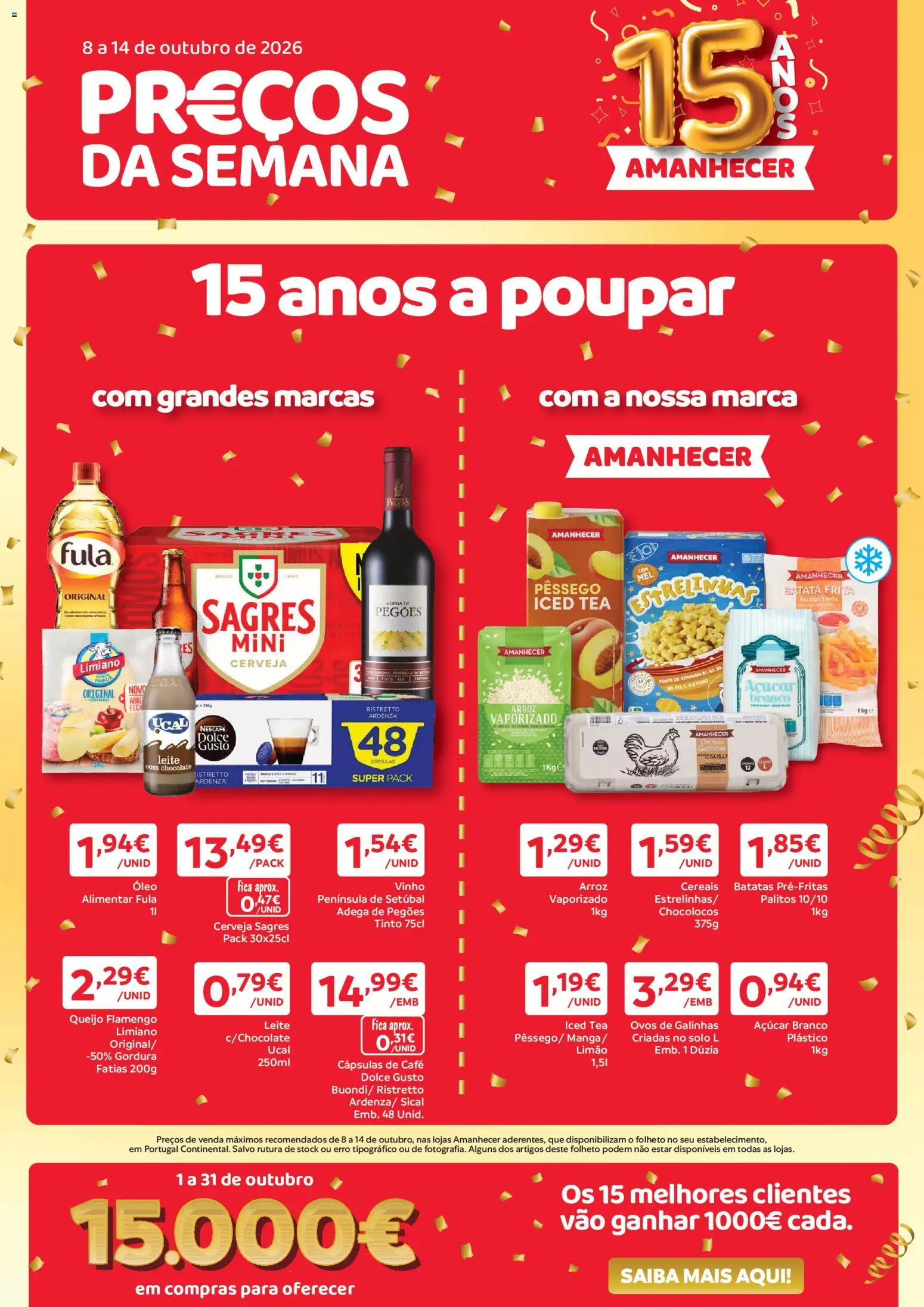 Pré-visualização do folheto da loja Amanhecer válida a partir de 08/10/2026 - Café, Dolce gusto, Vinho, Cerveja, Ovos, Açúcar, Óleo, Cápsulas