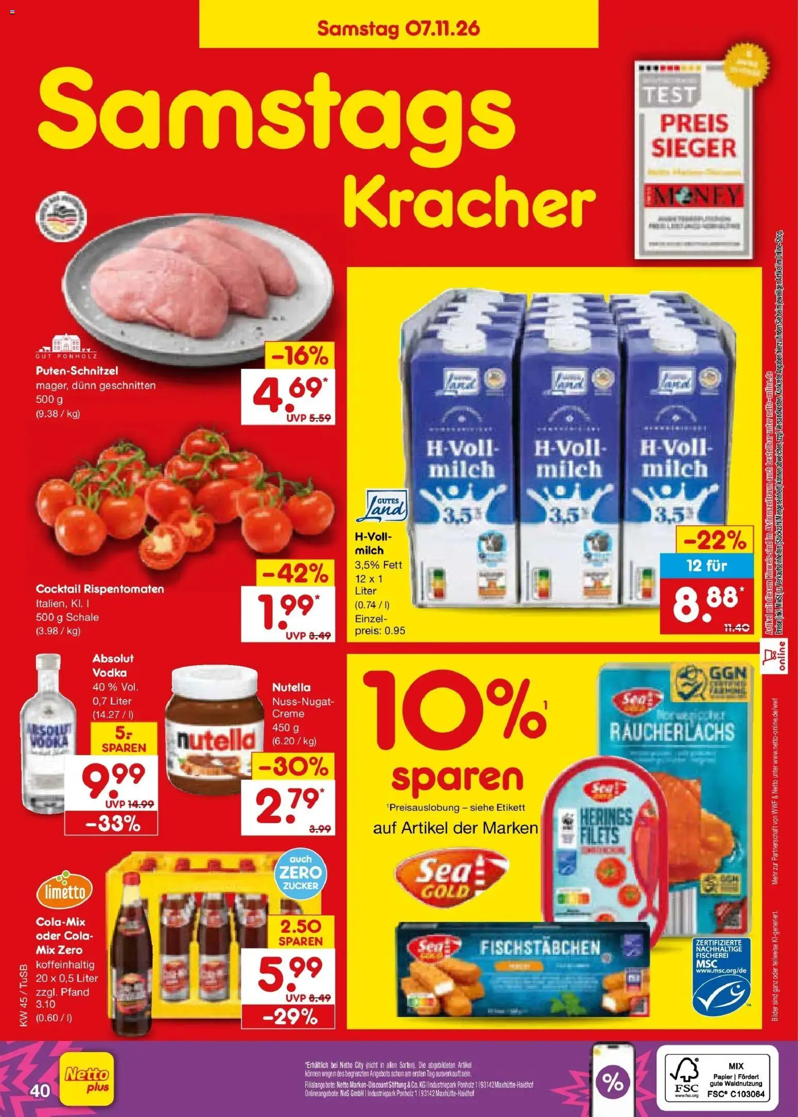 Vorschau von dem Prospekt des Geschäftes Netto Marken-Discount, gültig ab dem 02.11.2026 - Bilder, Cola, Milch, Vodka, Zucker, Räucherlachs, Putenschnitzel, Fischstabchen