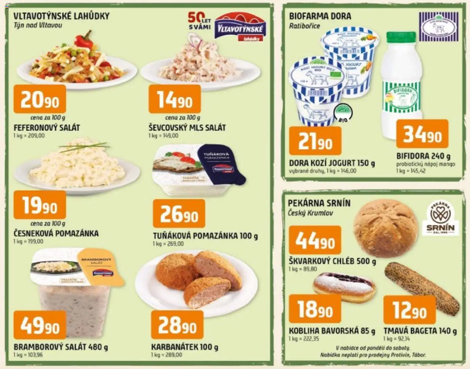 Náhled nabídky: Trefa Trefa leták - Z našeho regionu kvalitní potraviny platný od 28.10.2026 - Mango, Pekárna, Bramborový salát, Tuňáková pomazánka, Jogurt, Chléb, Pomazánka, Bageta
