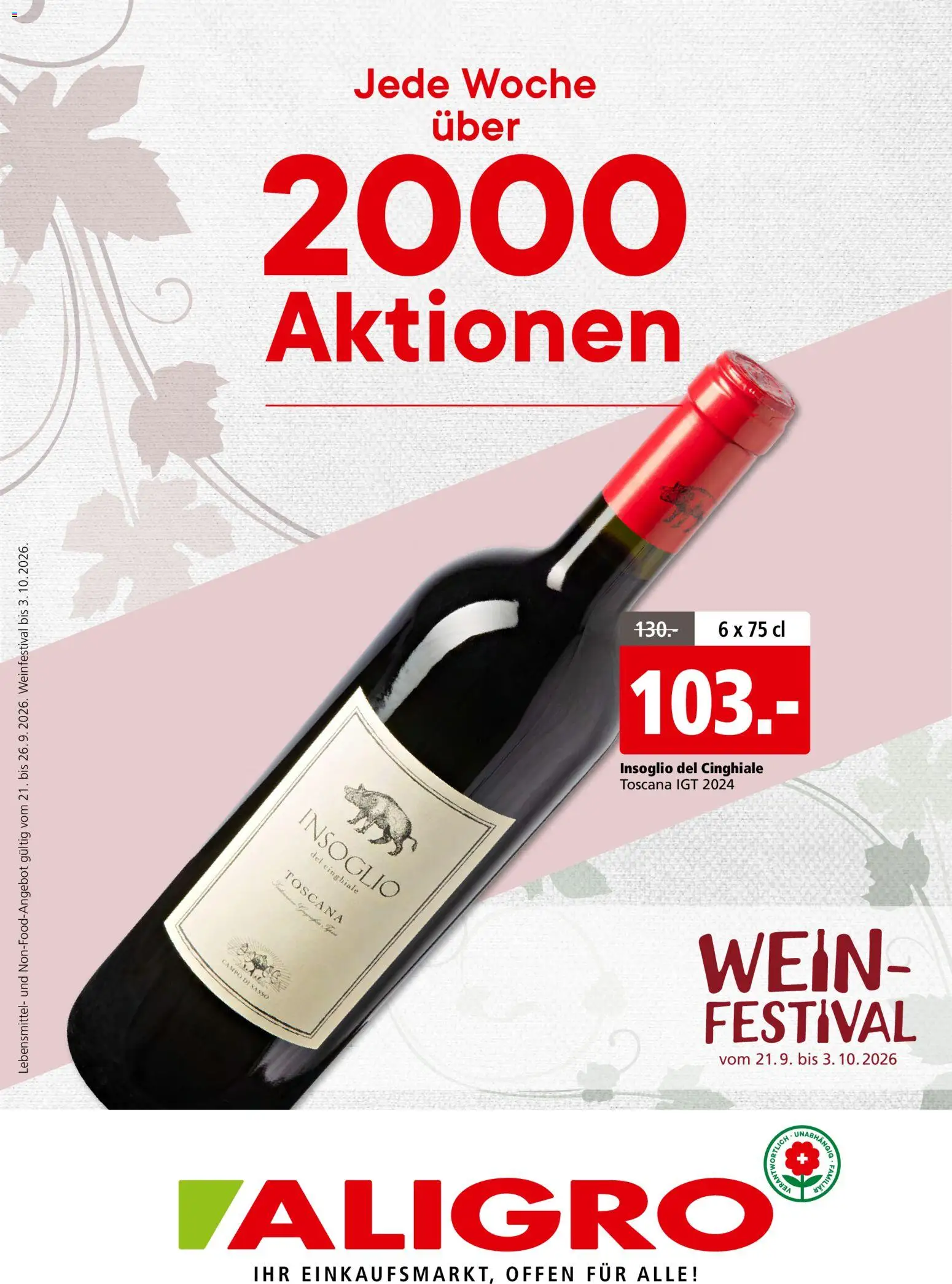 Vorschau des Merkblatts Aligro aktionen Foire aux vins Schlieren, Gossau SG, Frauenfeld, Rapperswil-Jona, Sargans, Bern vom Shop Aligro gültig von 21.09.2026 bis 03.10.2026