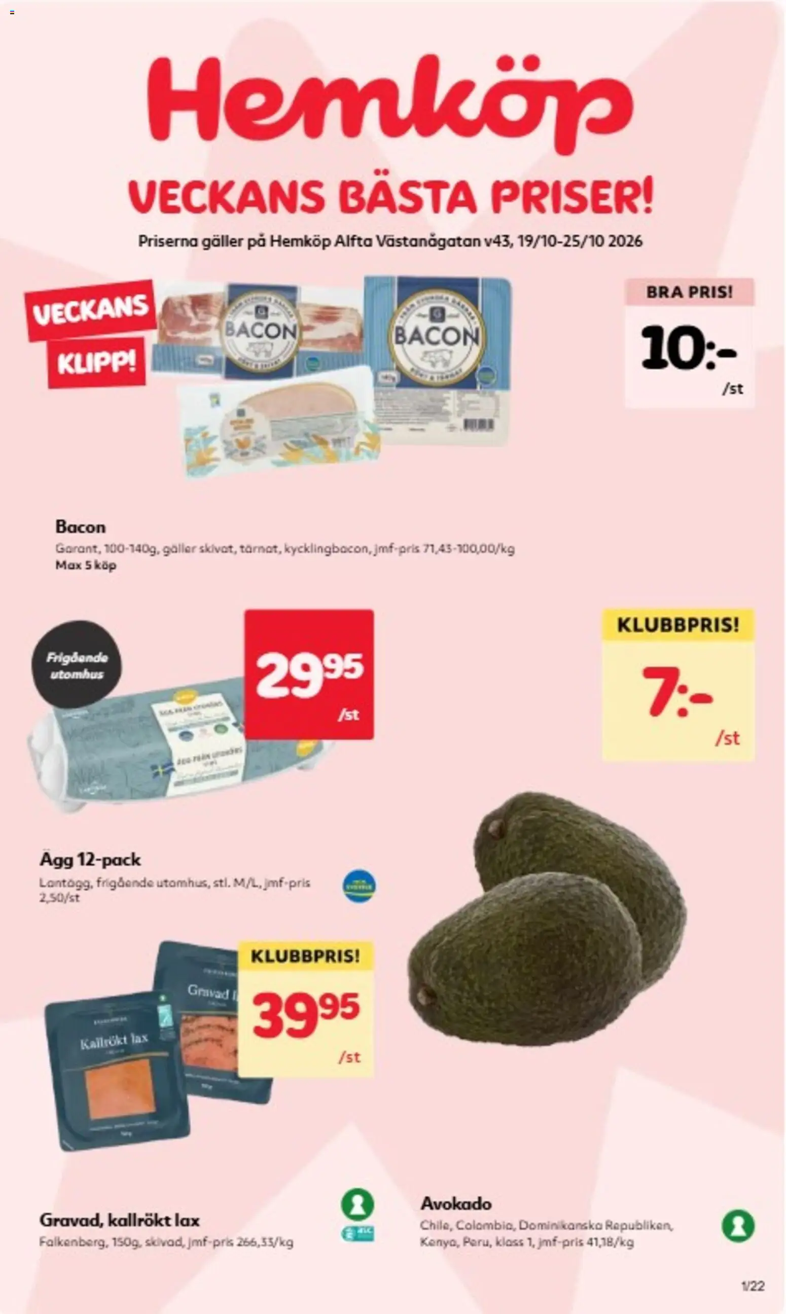 Förhandsgranska reklamblad Hemköp erbjudanden från butik Hemköp gäller från 19/10/2026 - Lax, Ägg, Avokado, Bacon, Galler
