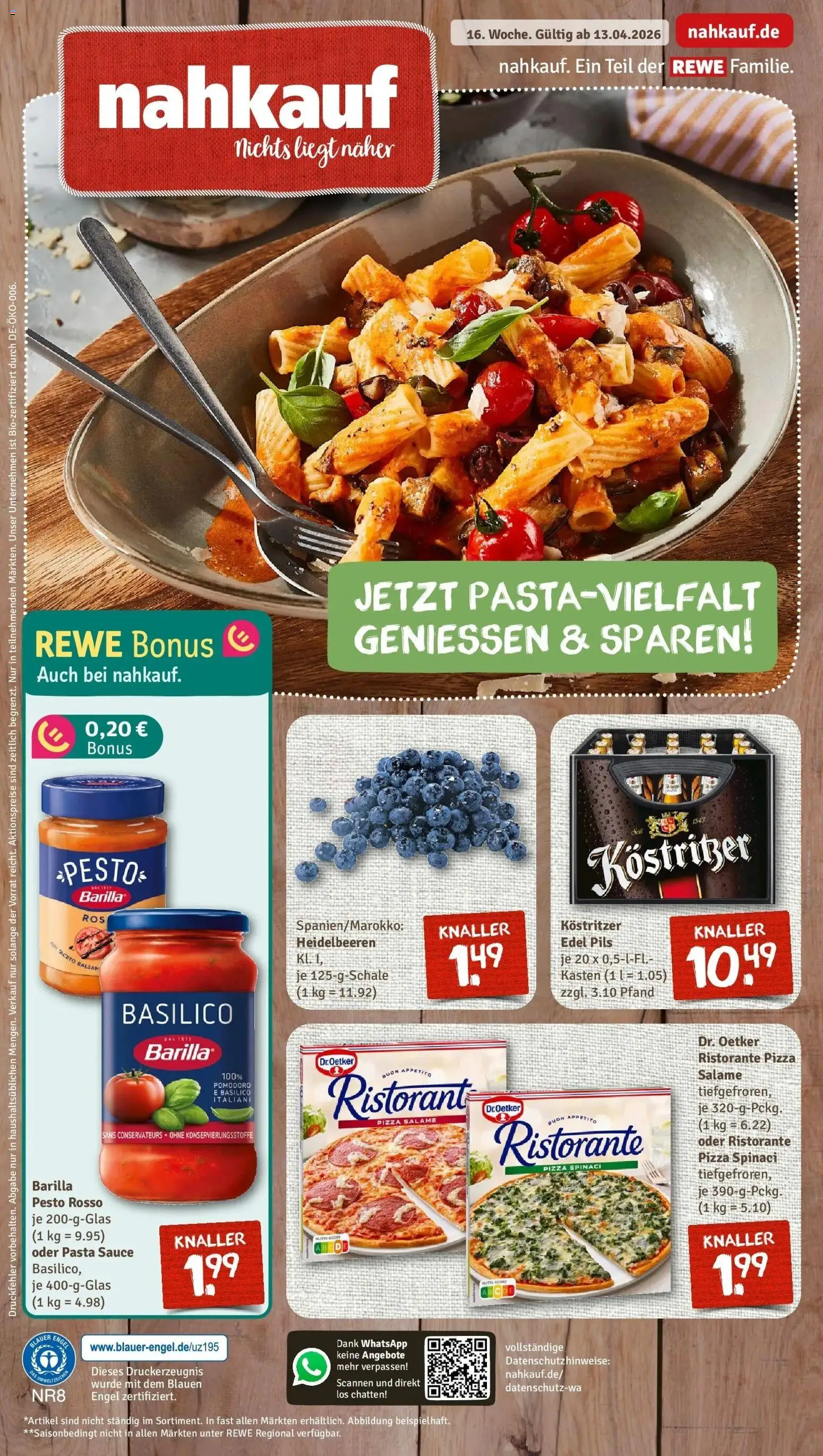 Vorschau von dem Prospekt des Geschäftes Rewe, gültig ab dem 13.04.2026 - Pizza, Pasta, Heidelbeeren, Ristorante, Barilla, Barilla pesto, Pils, Kostritzer