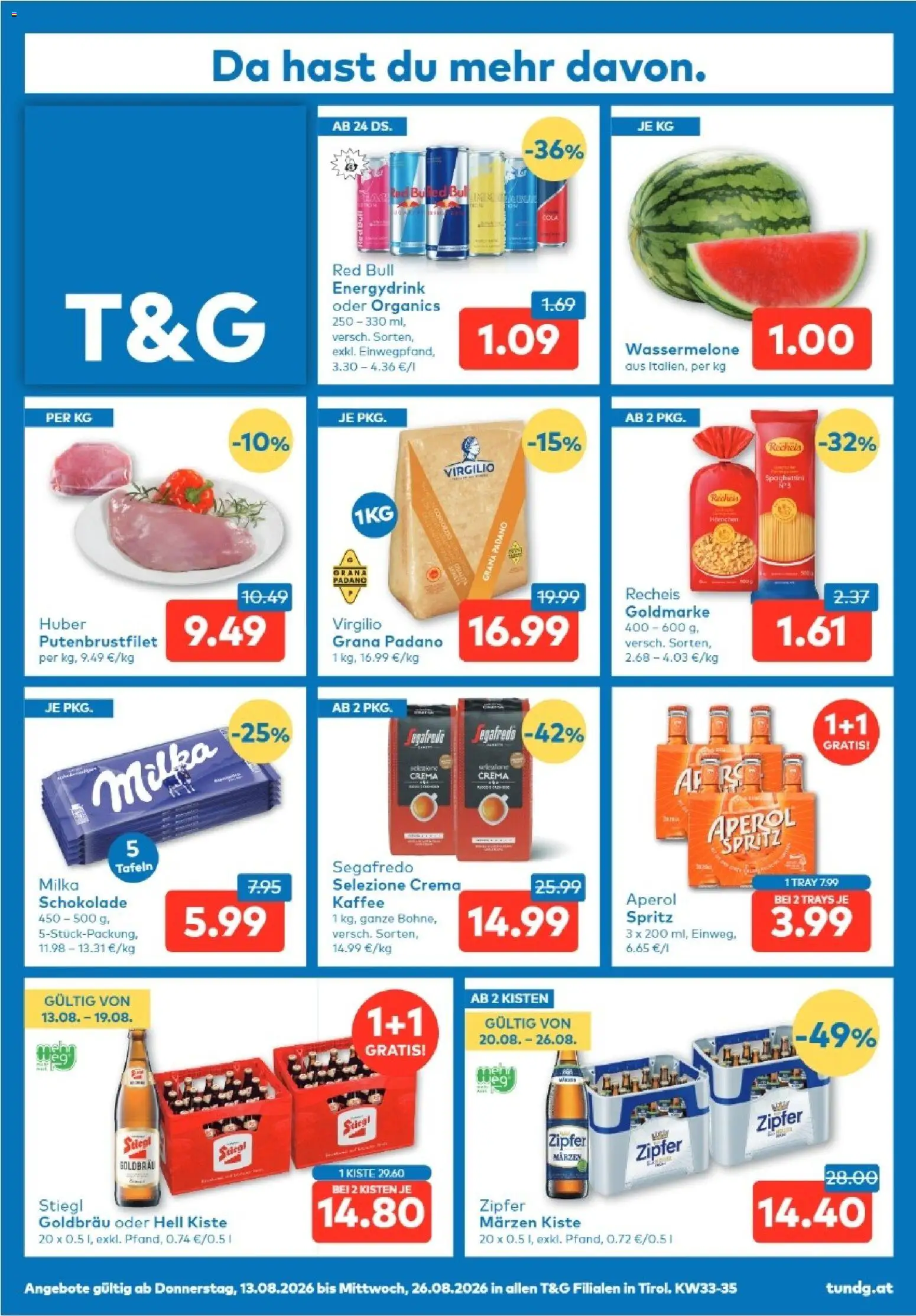 Vorschau der Angebote: T&G T&G Tirol gültig ab 13.08.2026 - Kaffee, Schokolade, Aperol, Wassermelone