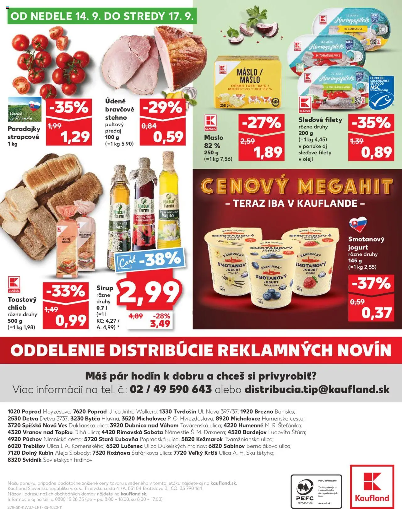 Náhľad Kaufland letáku platného od 11.09.2025 - Maslo, Chlieb, Paradajky, Sirup, Jogurt, Vanilka, Bravčové stehno