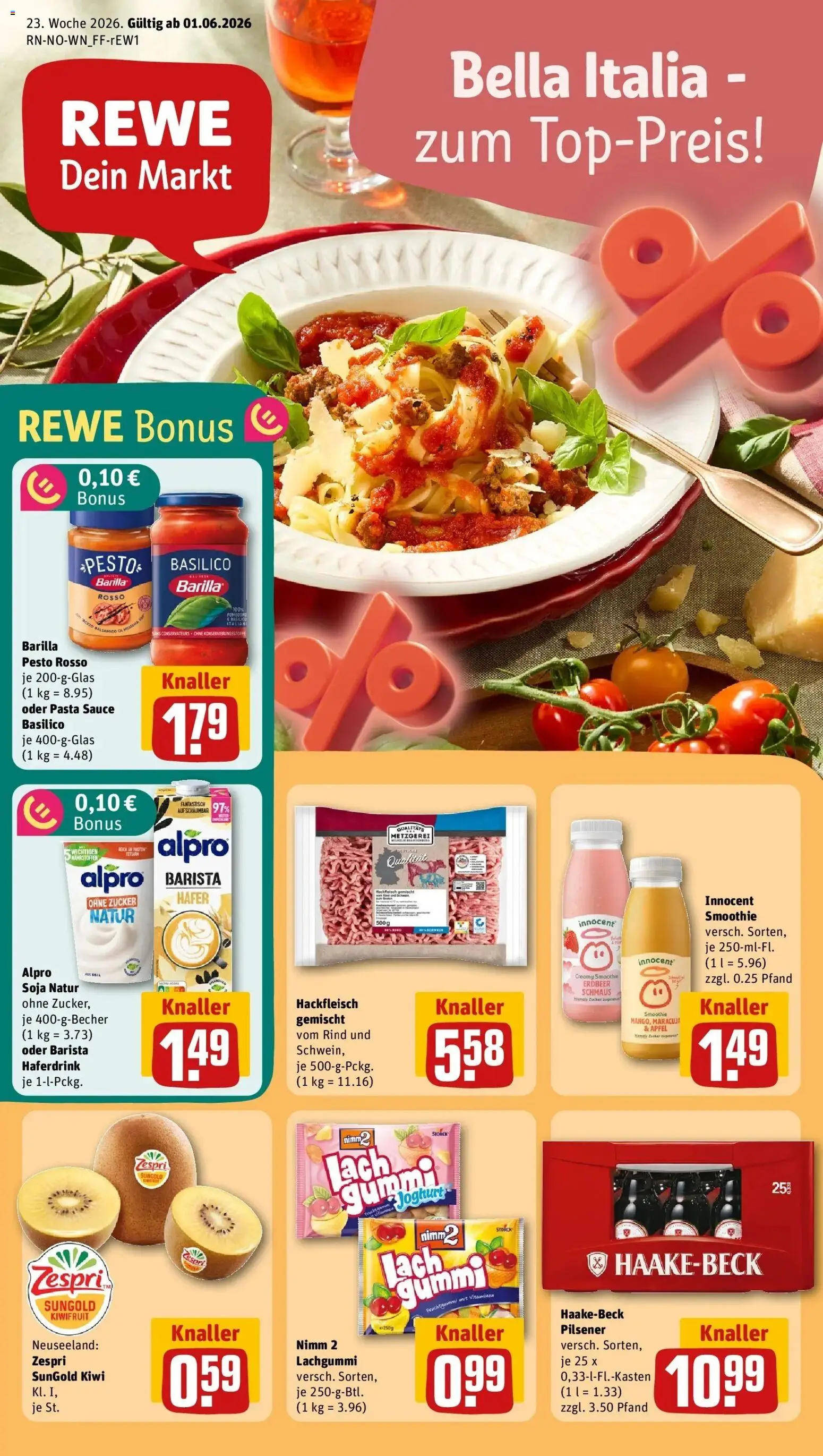 Vorschau von dem Prospekt des Geschäftes Rewe, gültig ab dem 01.06.2026 - Pasta, Äpfel, Kiwi, Hackfleisch, Zucker, Barilla pesto, Alpro, Haferdrink