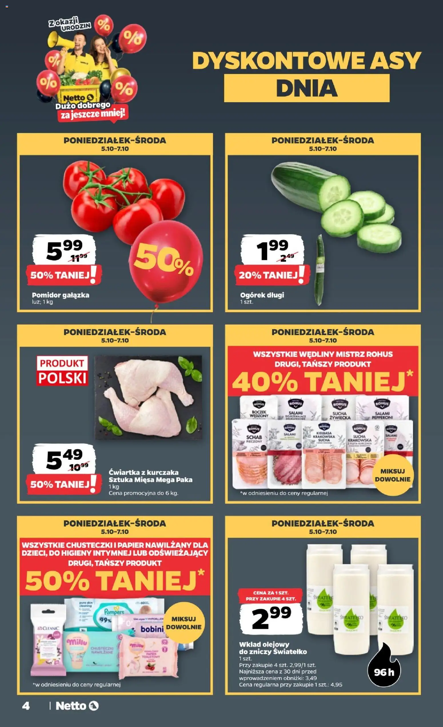 Pogląd gazetki "Netto gazetka od poniedziałku" ze sklepu Netto ważnej od 05.10.2026 - Schab, Kiełbasa, Chusteczki, Chusteczki nawilżane, Pampers, Salami, Ćwiartka z kurczaka, Krakowska sucha