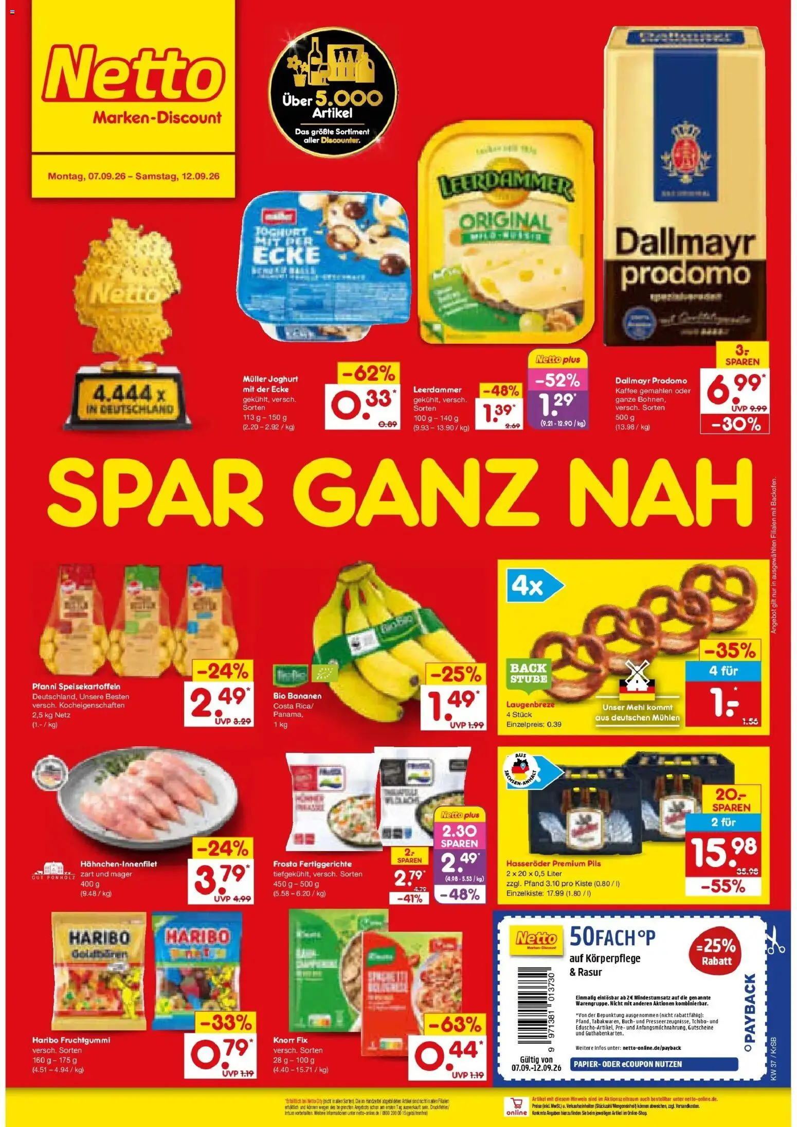 Vorschau von dem Prospekt des Geschäftes Netto Marken-Discount, gültig ab dem 07.09.2026 - Haribo, Frosta, Knorr, Dallmayr prodomo, Hasseröder, Fertiggerichte, Pils, Leerdammer