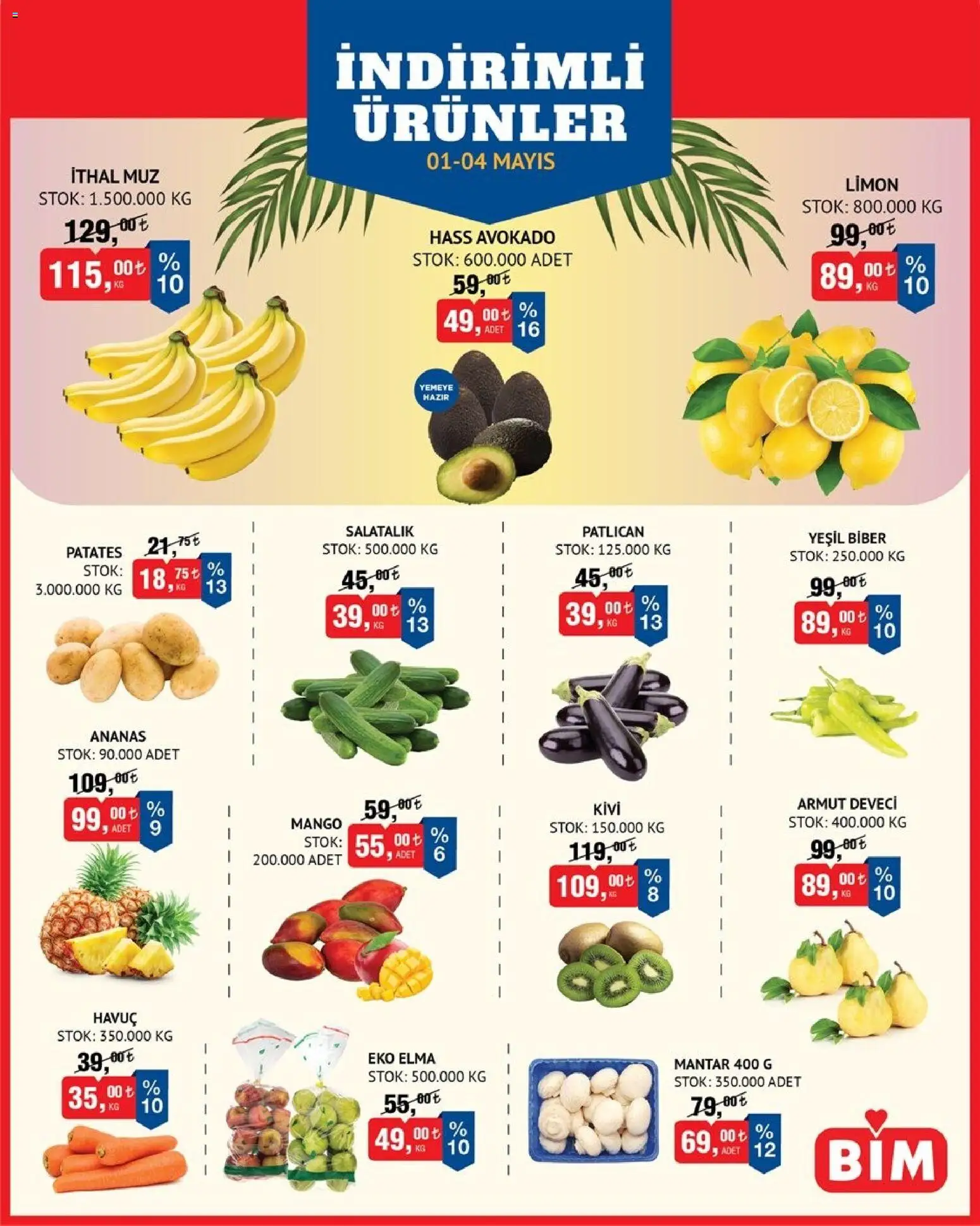 BİM BİM - Meyve-Sebze, İndirim 01.05.2026 - Broşürünün önizlemesi - Mango, Armut, Avokado, Patates, Mantar, Patlıcan, Kivi, Salatalık