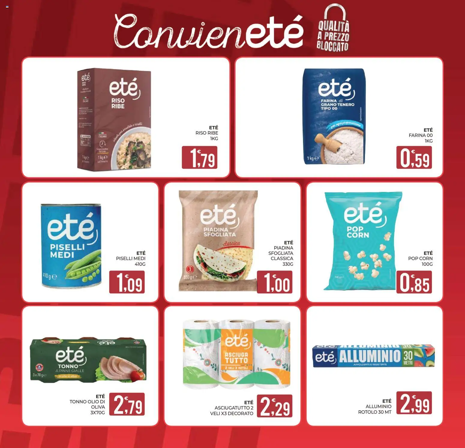 Anteprima dell'opuscolo Eté volantino Prime dal negozio Eté valido da 23/10/2026 - Piadina, Piselli, Tonno, Pop corn, Riso, Farina, Pinne, Asciugatutto