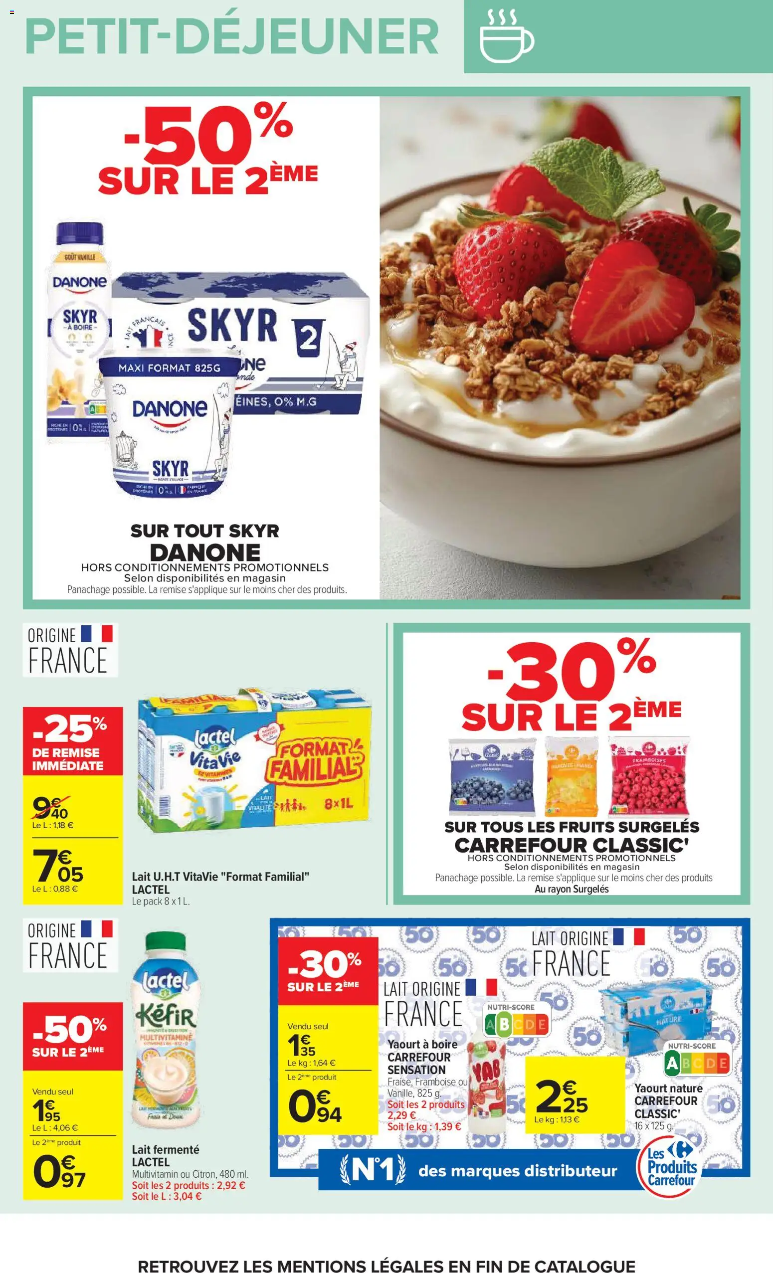 Prévisualisation de Carrefour Petit déjeuner du magasin Carrefour formulaire valide 03/11/2026 - Distributeur, Kefir, Fruits, Skyr, Framboise, Vanille, Lait fermenté, Fruits surgelés