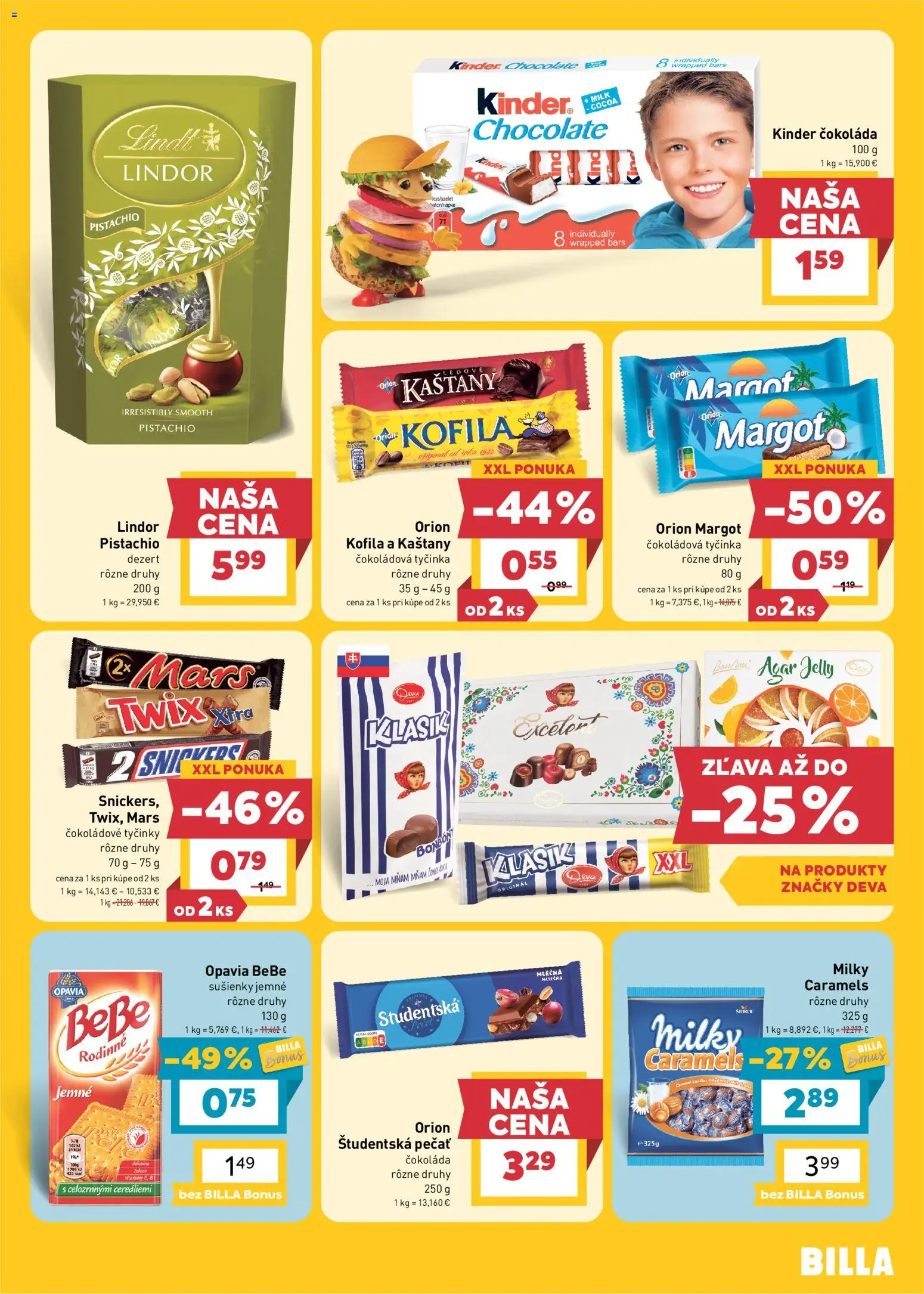 Náhľad Billa letáku platného od 21.10.2026 - Čokoláda, Lindt, Kinder, Dezert, Lindor, Študentská pečať, Sušienky, Čokoládová tyčinka