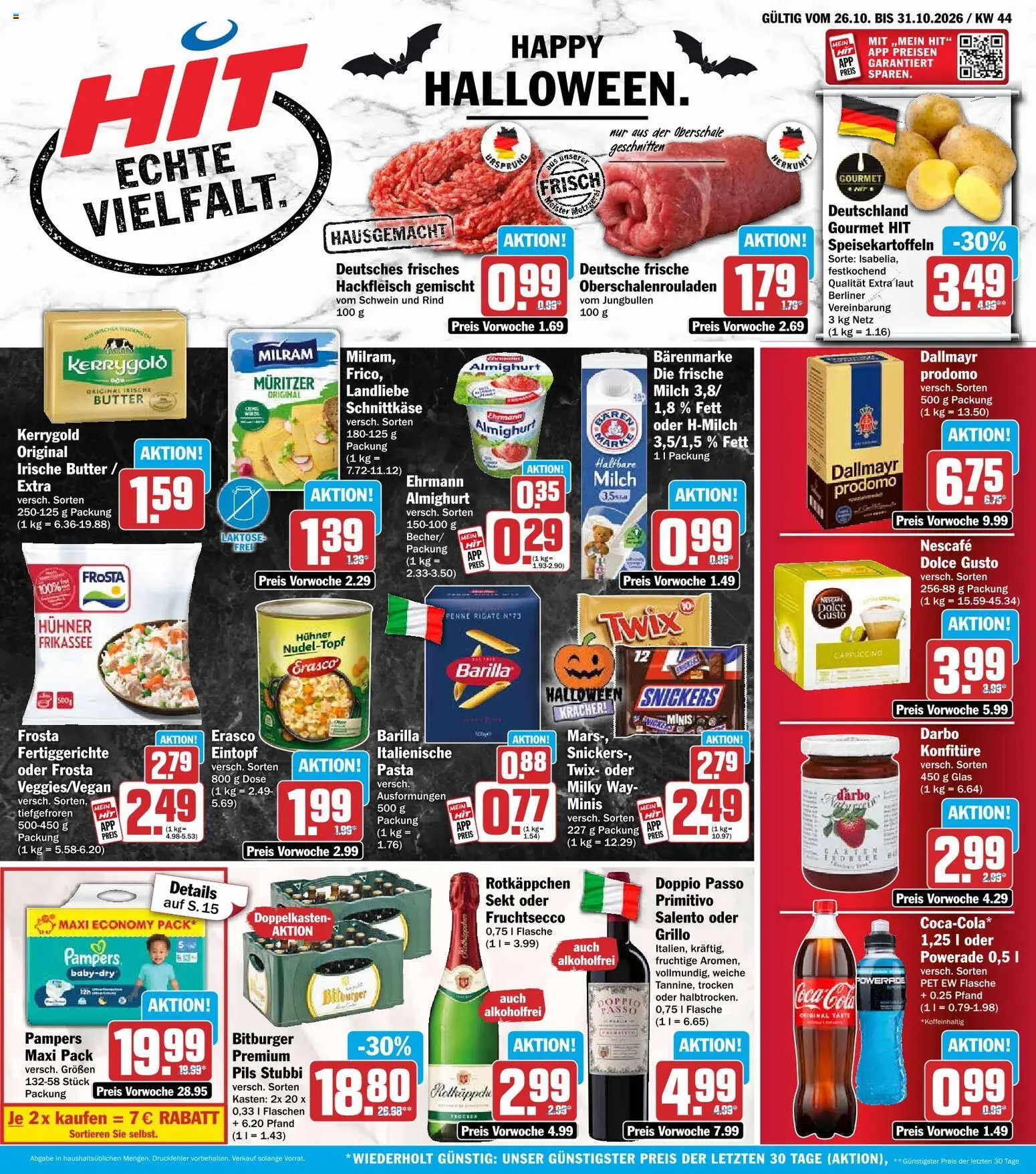 Vorschau von dem Prospekt des Geschäftes HIT, gültig ab dem 26.10.2026 - Butter, Pasta, Coca cola, Milch, Pampers, Dolce gusto, Snickers, Twix