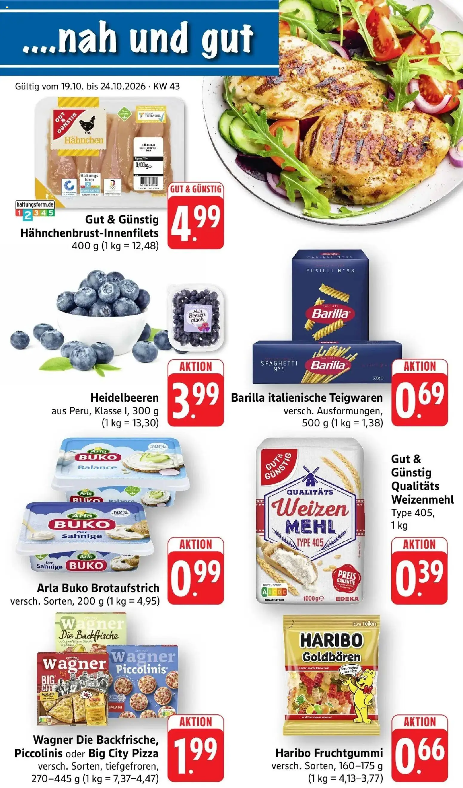 Vorschau von dem Prospekt des Geschäftes nah & gut, gültig ab dem 19.10.2026 - Pizza, Spaghetti, Heidelbeeren, Mehl, Salami, Barilla, Arla buko, Hahnchen