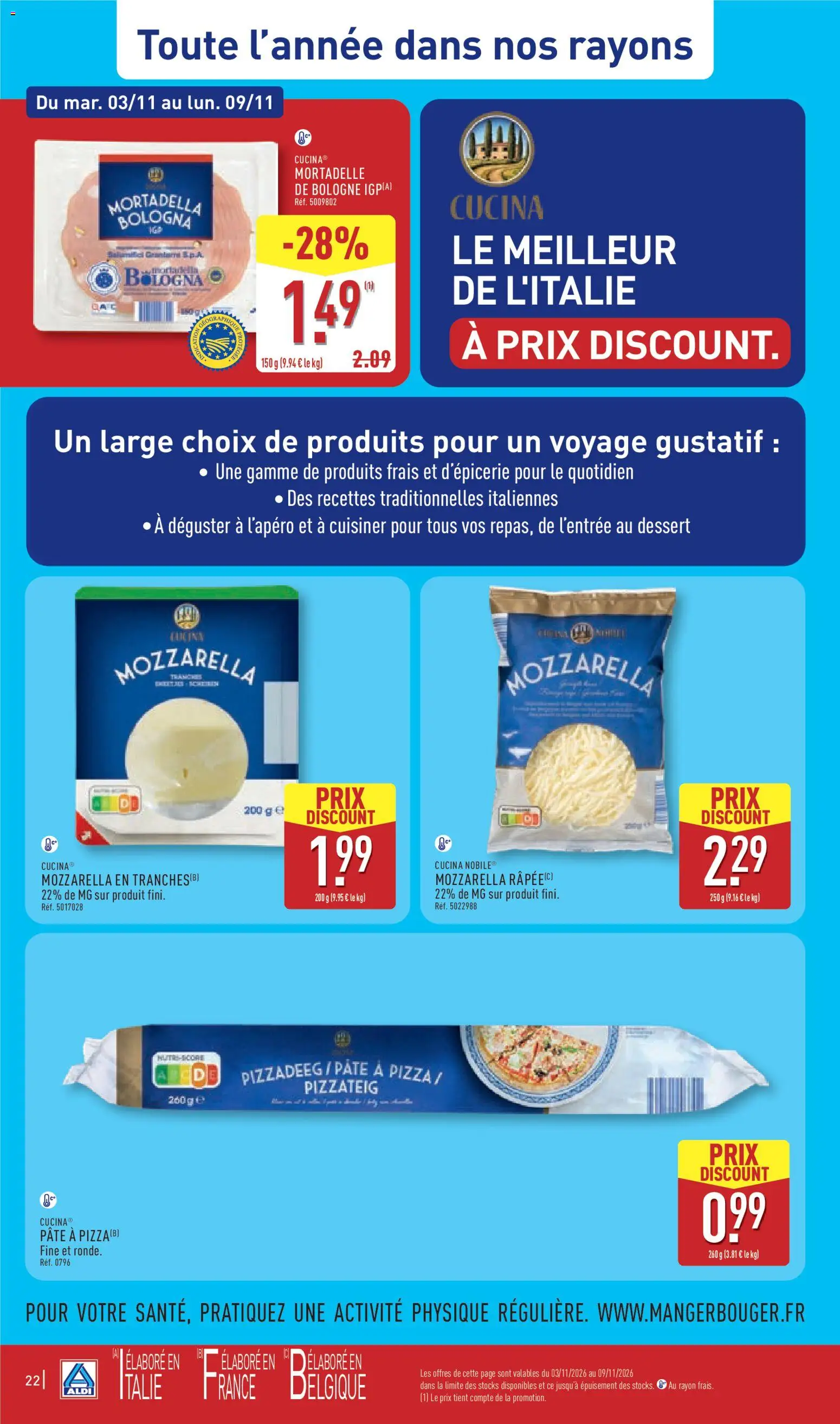 Prévisualisation de Aldi catalogue du magasin Aldi formulaire valide 03/11/2026 - Pizza, Dessert, Mozzarella, Pâte, Mortadelle, Pâte à pizza