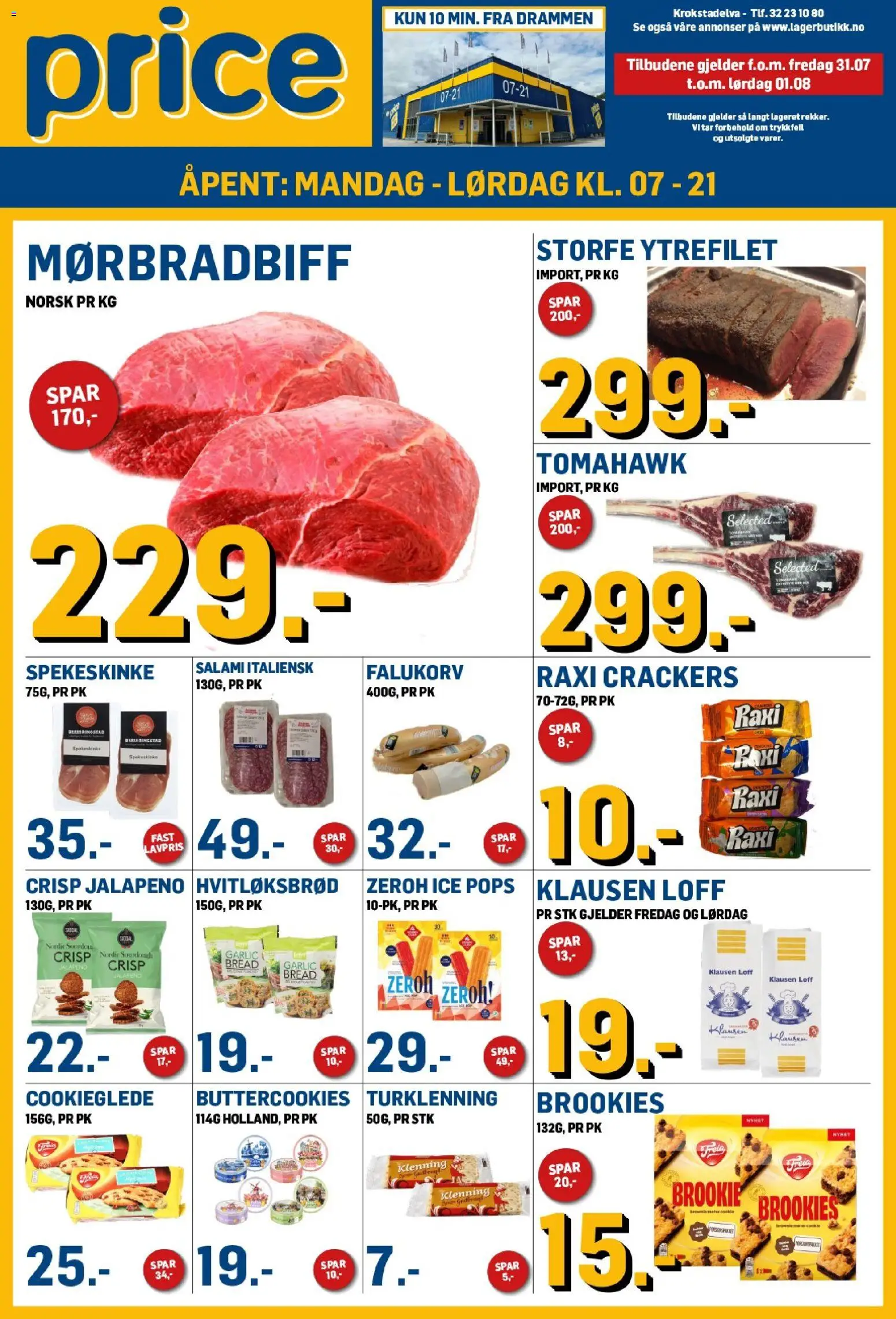 Forhåndsvis Price Lagerbutikk kundeavis fra butikk Price Lagerbutikk gyldig fra 31/07/2026 - Ytrefilet, Loff, Salami, Hvitløksbrød, Spekeskinke, Tomahawk