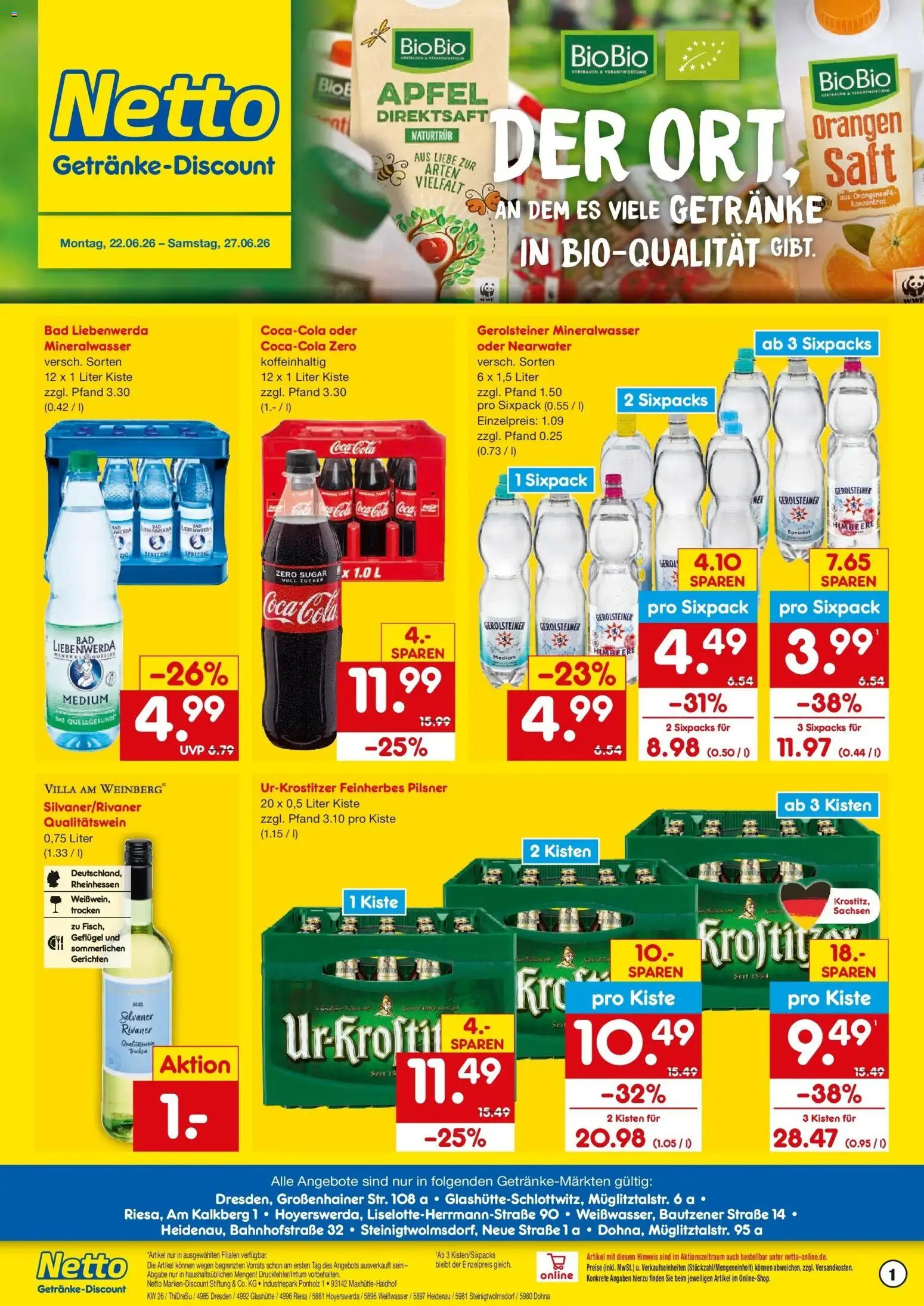 Vorschau von dem Prospekt des Geschäftes Netto Marken-Discount, gültig ab dem 22.06.2026 - Coca cola, Bad, Cola, Mineralwasser, Himbeere, Orangensaft, Saft, Orangen