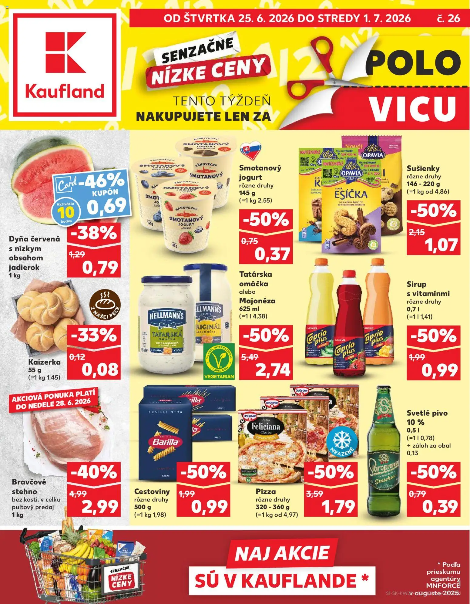Náhľad Kaufland letáku platného od 25.06.2026 - Pizza, Pivo, Cestoviny, Fusilli, Sirup, Tatárska omáčka, Jogurt, Omáčka