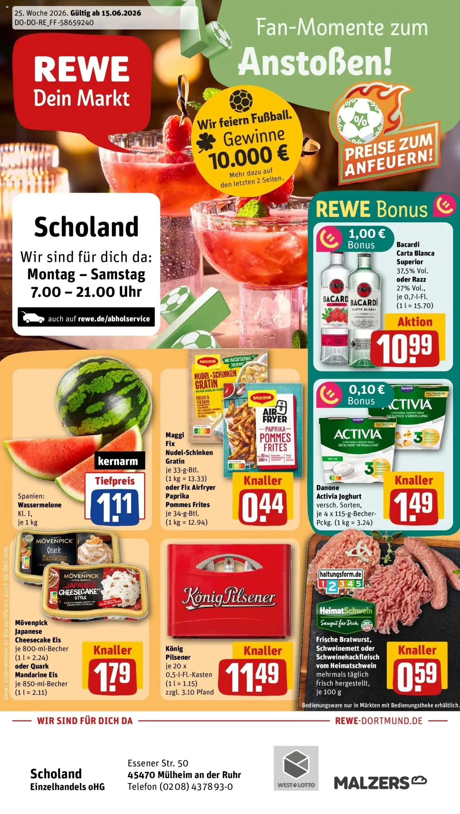 Vorschau von dem Prospekt des Geschäftes Rewe, gültig ab dem 14.06.2026 - Pommes, Maggi, Bacardi, Paprika, Wassermelone, Rum, Maggi fix, Activia
