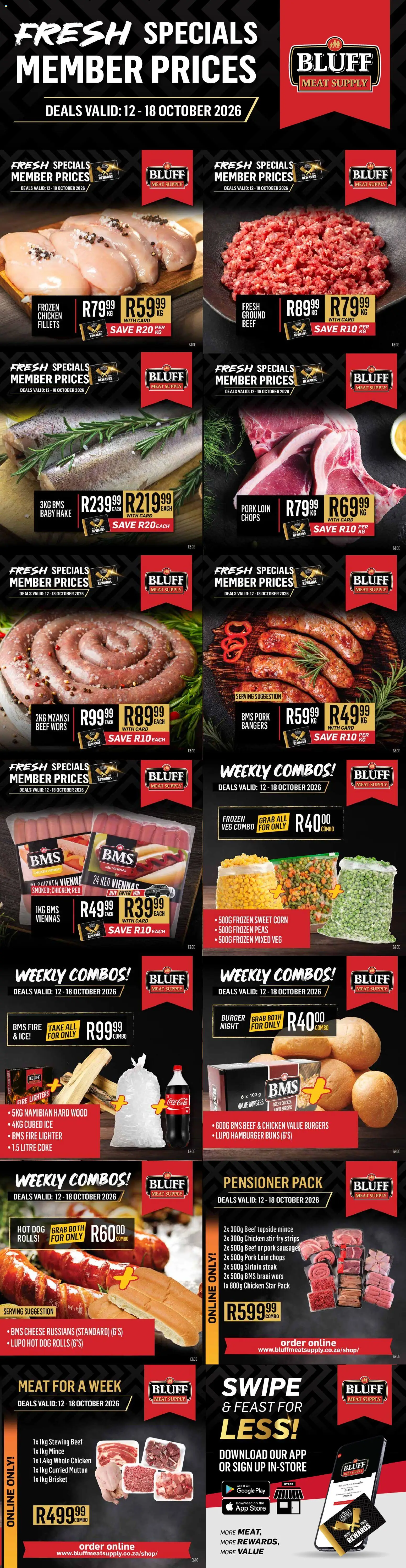 Preview of Bluff Meat Supply flyer valid from 12/10/2026 - Chicken, Burgers, Coke, Cheese, Steak, Corn, Pork, Beef