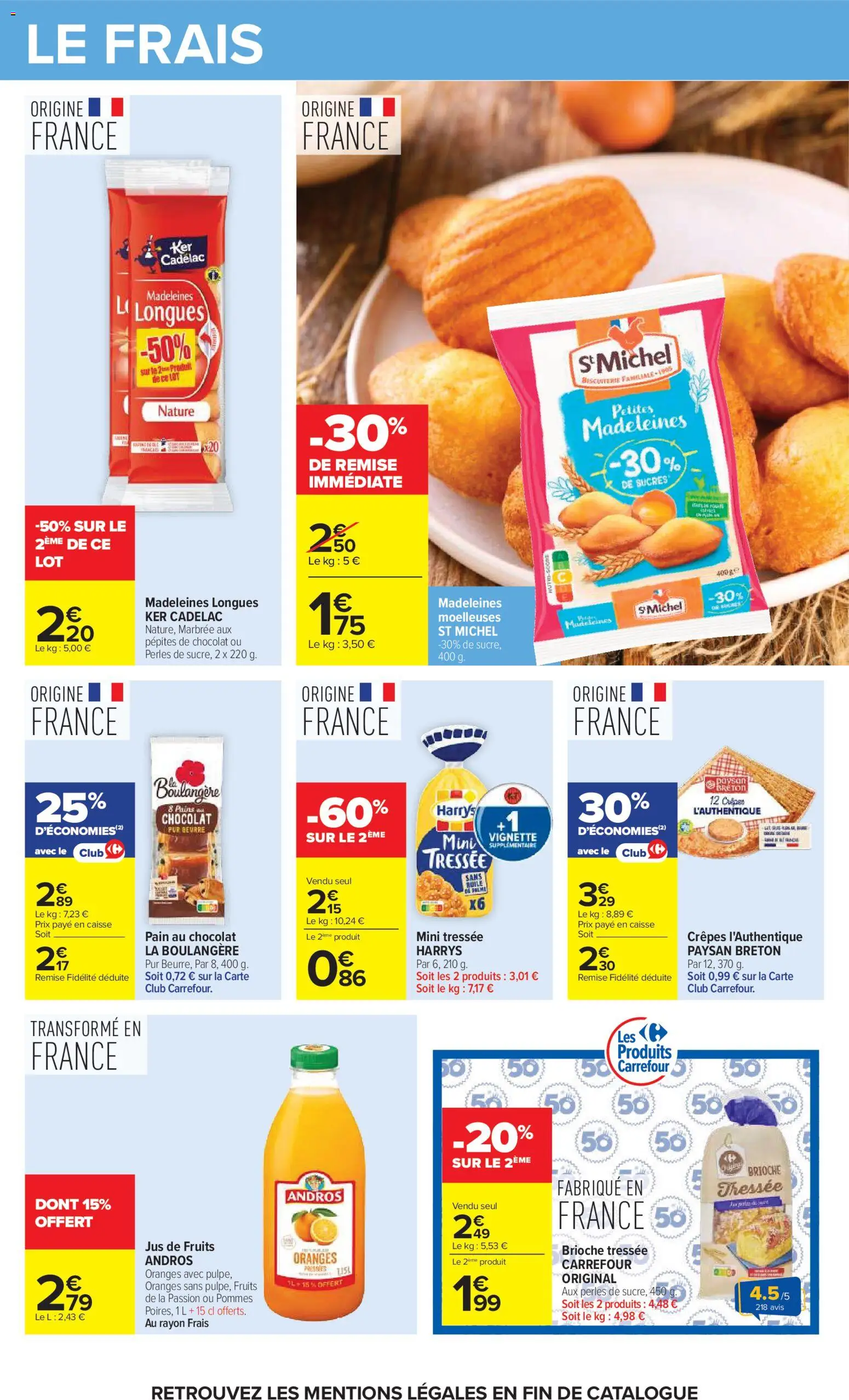Prévisualisation de Carrefour catalogue du magasin Carrefour formulaire valide 20/10/2026 - Madeleines, Pain, Pain au chocolat, Huile, Crêpes, Jus de fruits, Jus, Pommes