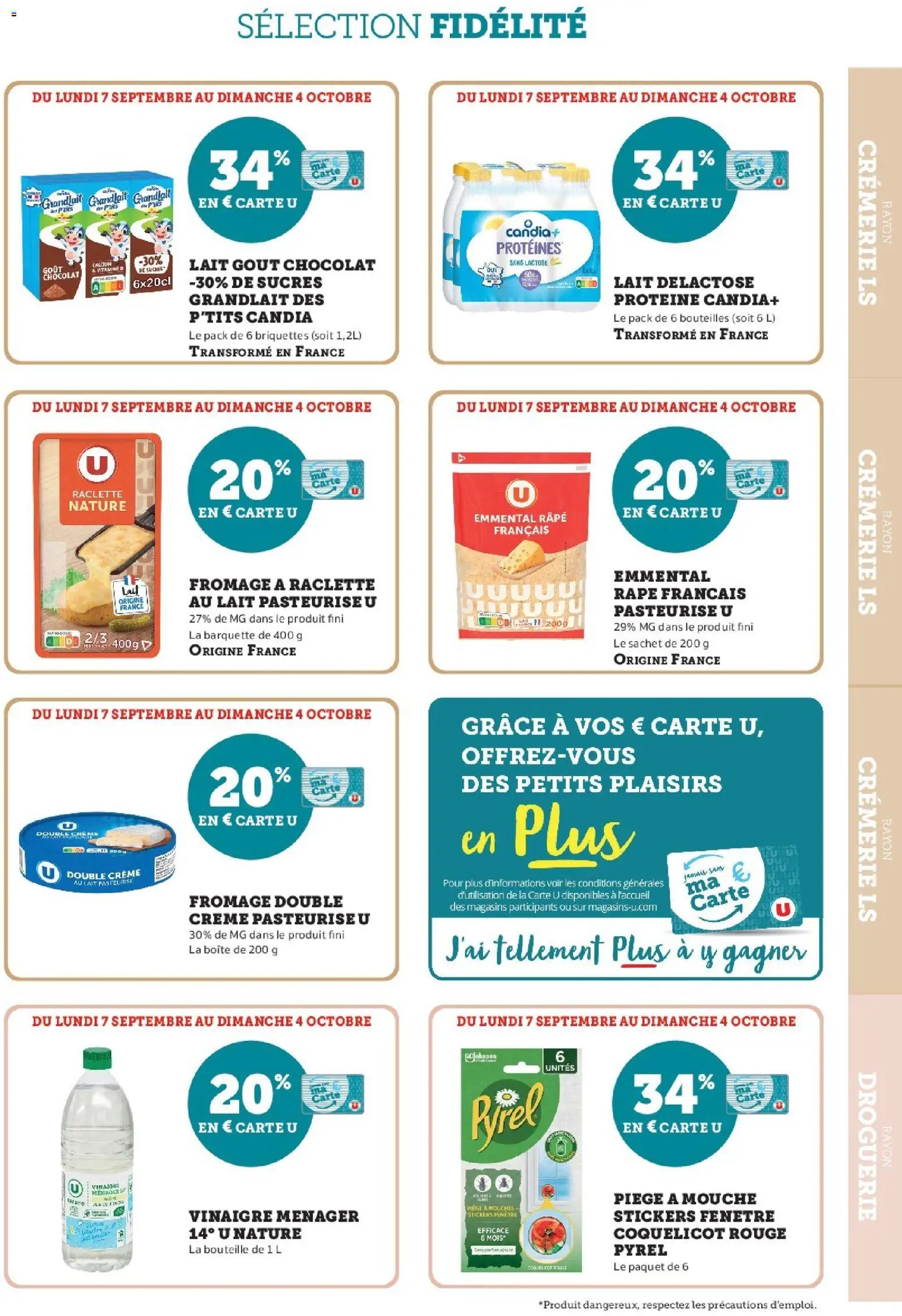 Prévisualisation de Super U - Ma sélection Carte U Septembre du magasin Super U formulaire valide 07/09/2026 - Raclette, Chocolat, Crème, Emmental, Vinaigre, Candia, Fromage à raclette, Râpe