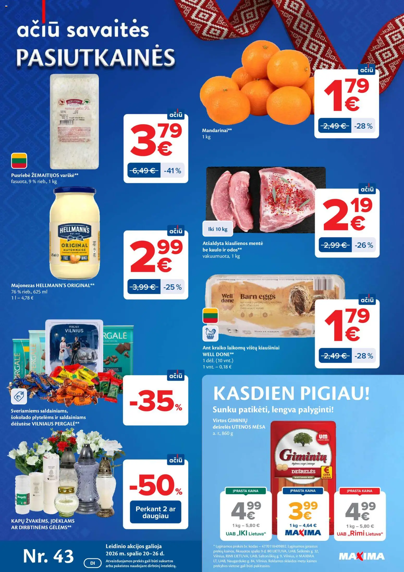 MAXIMA parduotuvės leidinio MAXIMA leidinys galiojančio nuo 2026.10.20 peržiūra - Kiaušiniai, Varškė, Majonezas, Mandarinai, Mentė, Dešrelės, Kiaulienos