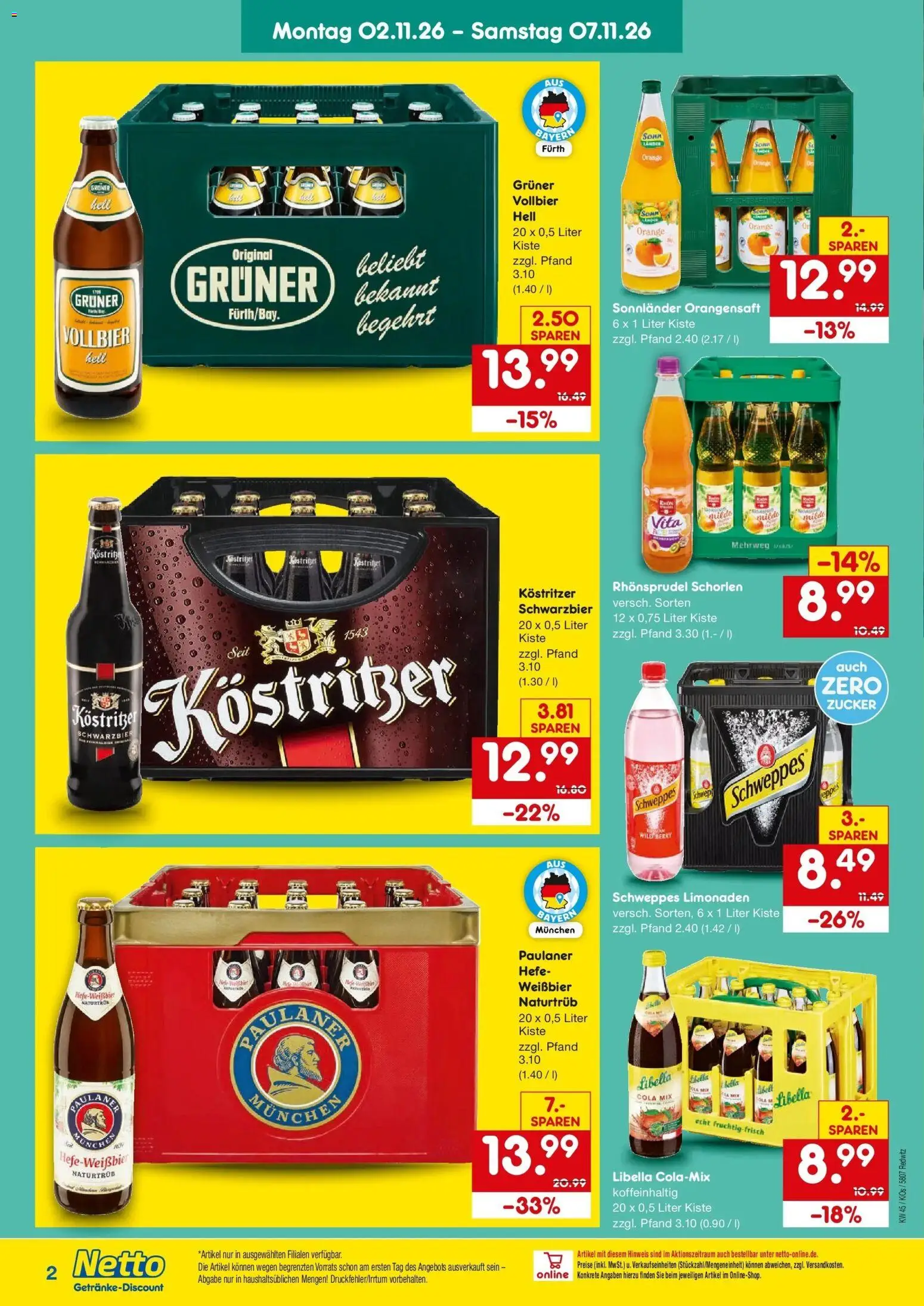 Vorschau von dem Prospekt des Geschäftes Netto Marken-Discount, gültig ab dem 02.11.2026 - Cola, Zucker, Paulaner, Orangensaft, Weißbier, Kostritzer, Hefe weissbier, Rhonsprudel