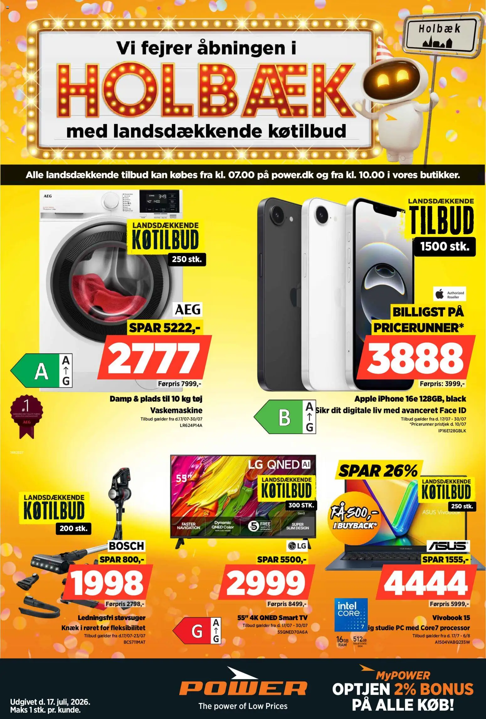 Eksempel på tilbudsavis Power - Tilbudsavis fra butik Power gyldig fra 17/07/2026 - TV, Tøj, Vaskemaskine, Støvsuger, PC, Smart TV, Navigation, Processor