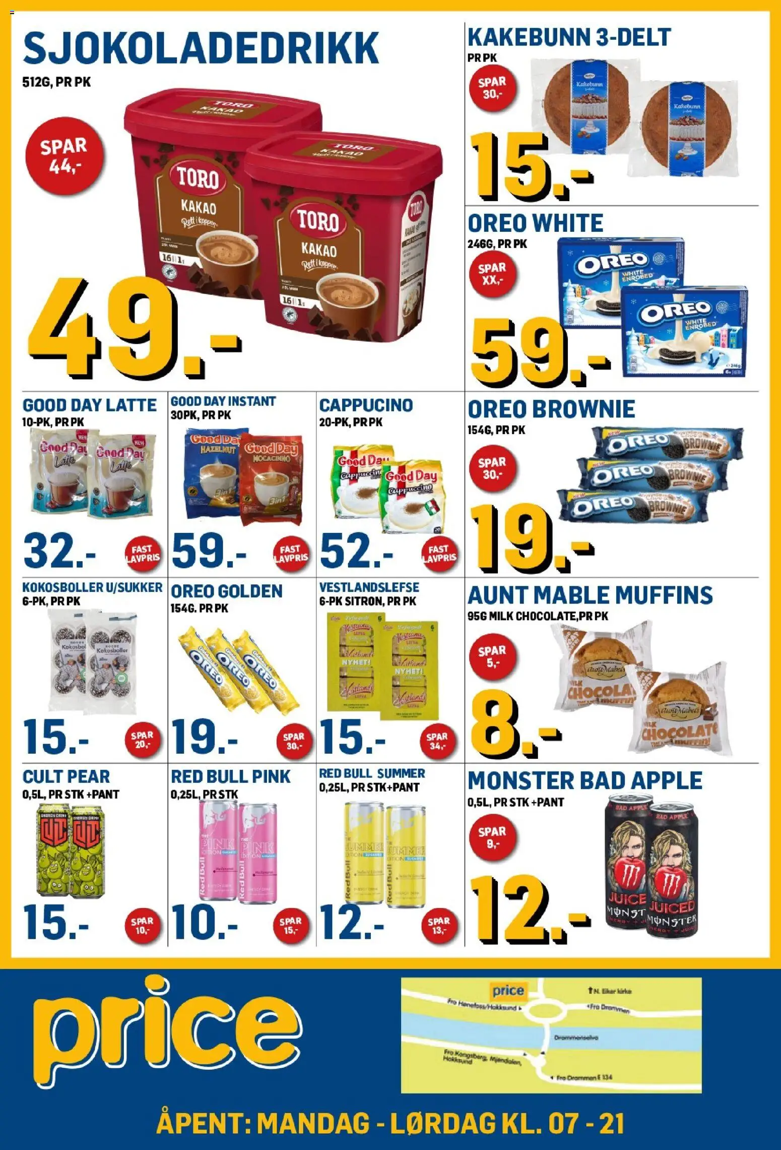 Forhåndsvis Price Lagerbutikk kundeavis fra butikk Price Lagerbutikk gyldig fra 30/10/2026 - Oreo, Monster, Juice, Kokosboller, Muffins, Bad, Kakao, Cappuccino