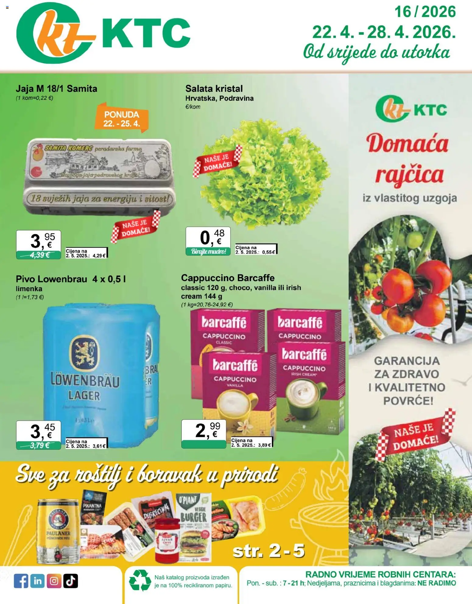 Pregled letka KTC Katalog trgovine KTC vrijedi od 22.04.2026 - Salata, Rajčica, Pivo, Barcaffe, Cappuccino, Jaja, Lager, Salata kristal