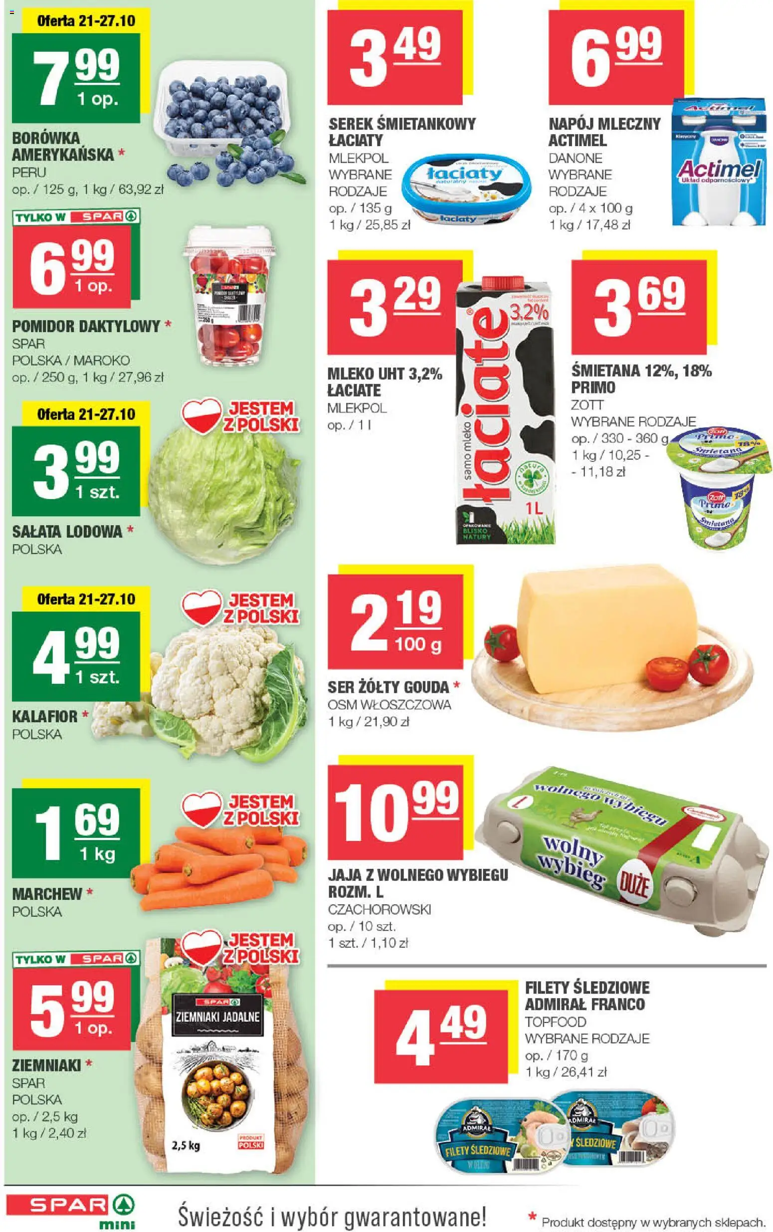 Pogląd gazetki "Spar gazetka - Mini" ze sklepu Spar ważnej od 21.10.2026 - Ser, Actimel, Jaja, Mleko UHT, Śmietana, Serek, Salata lodowa, Ser żółty Gouda