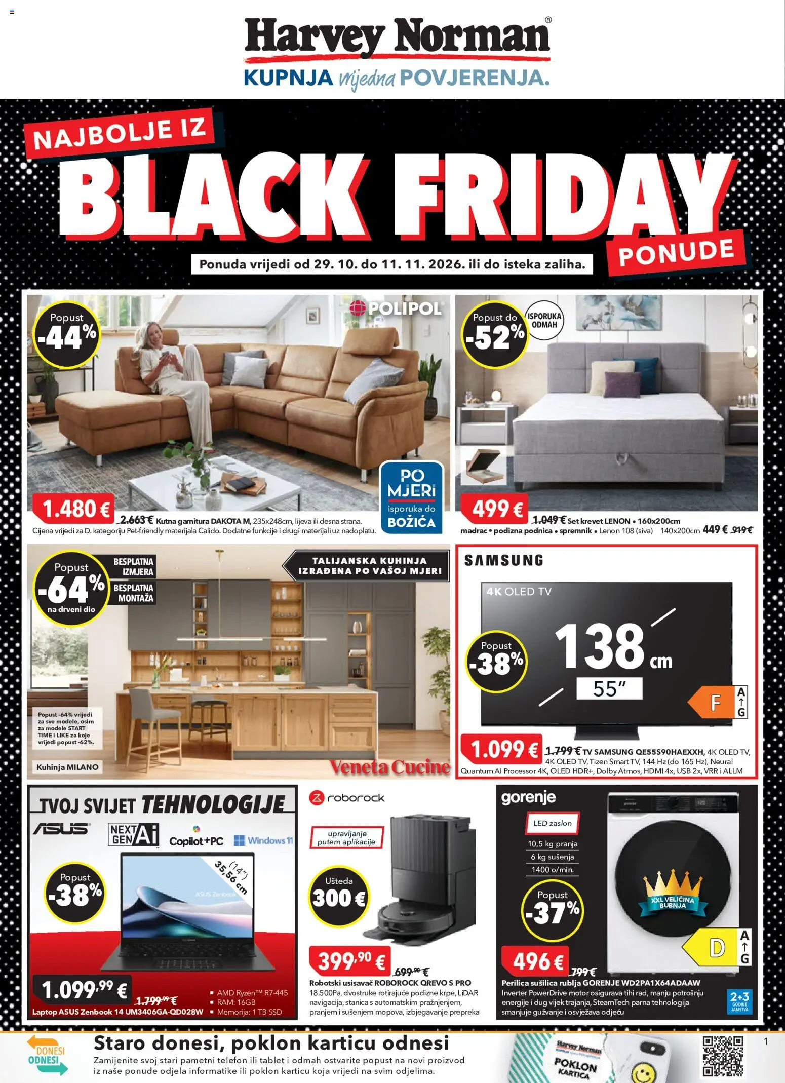 Pregled letka Harvey Norman Black Friday trgovine Harvey Norman vrijedi od 29.10.2026 - Tv, Kutna garnitura, Sušilica rublja, Tablet, Kuhinja, Krevet, USB, Sušilica