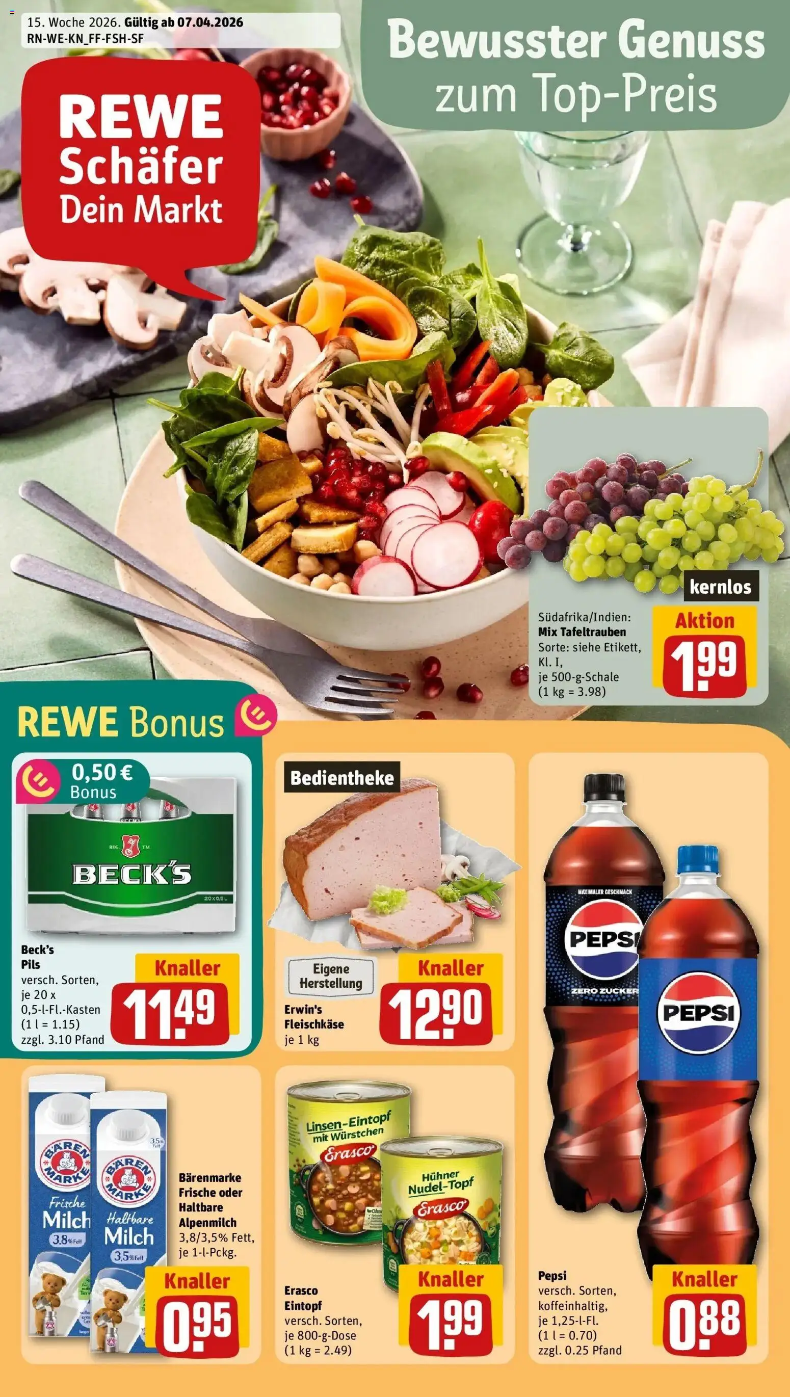 Vorschau von dem Prospekt des Geschäftes Rewe, gültig ab dem 05.04.2026 - Cola, Milch, Zucker, Pepsi, Pils, Erasco