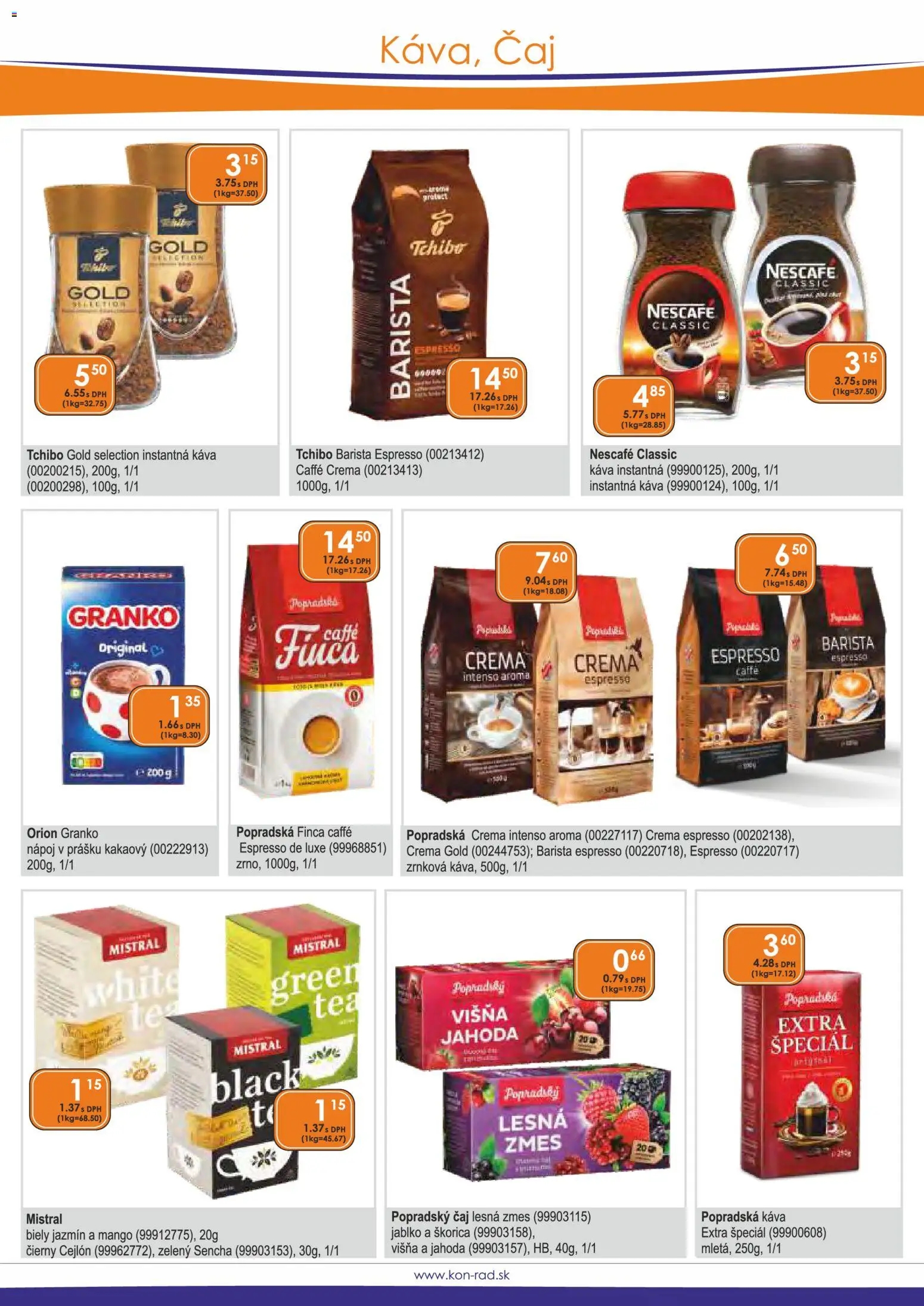 Náhľad KON - RAD letáku platného od 01.03.2026 - Mango, Káva, Čaj, Granko, Barista, Instantná káva, Nescafé Gold, Popradská káva