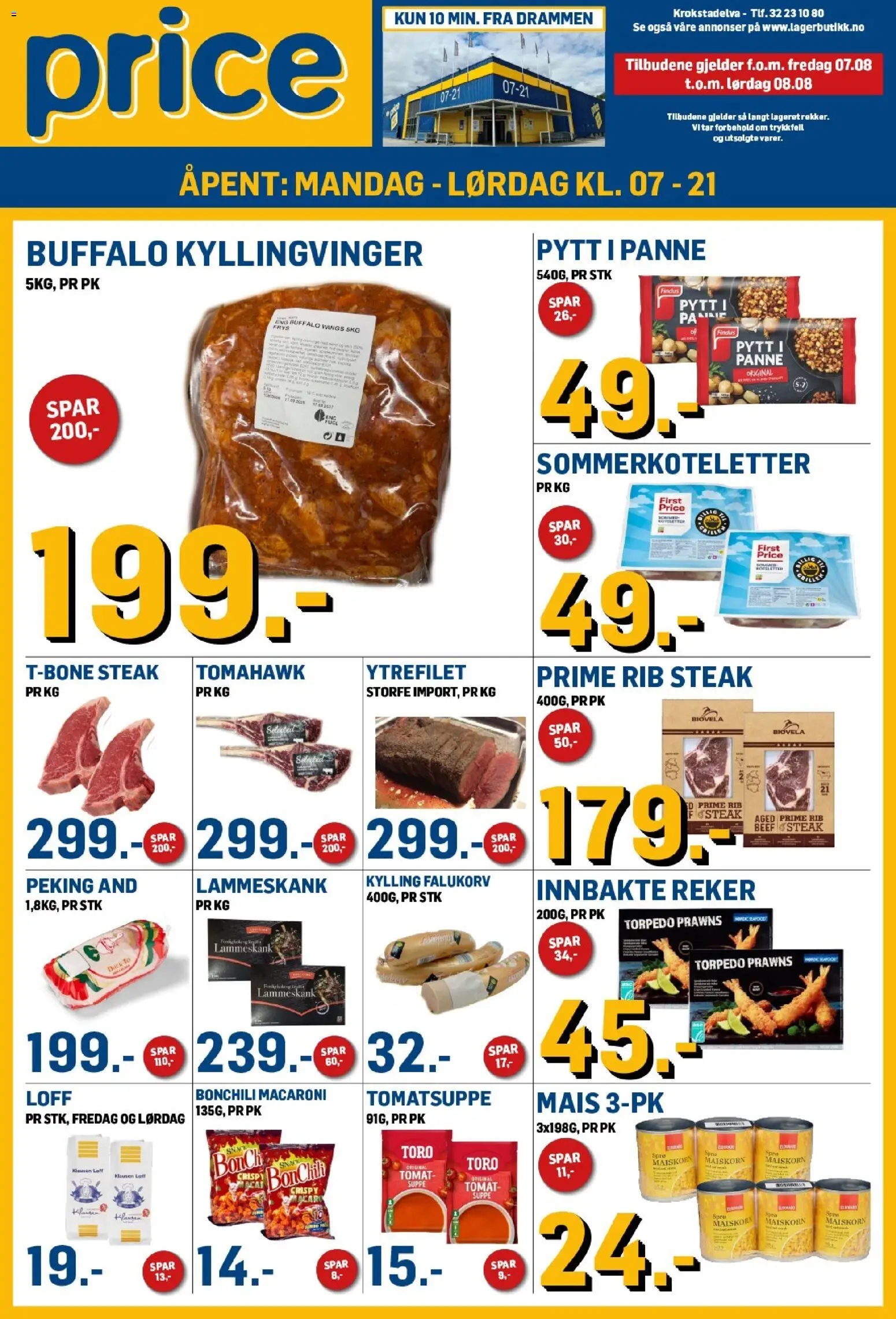 Forhåndsvis Price Lagerbutikk kundeavis fra butikk Price Lagerbutikk gyldig fra 07/08/2026 - Ytrefilet, Kylling, And, Sommerkoteletter, Tomat, Lammeskank, Tomatsuppe, Kyllingvinger